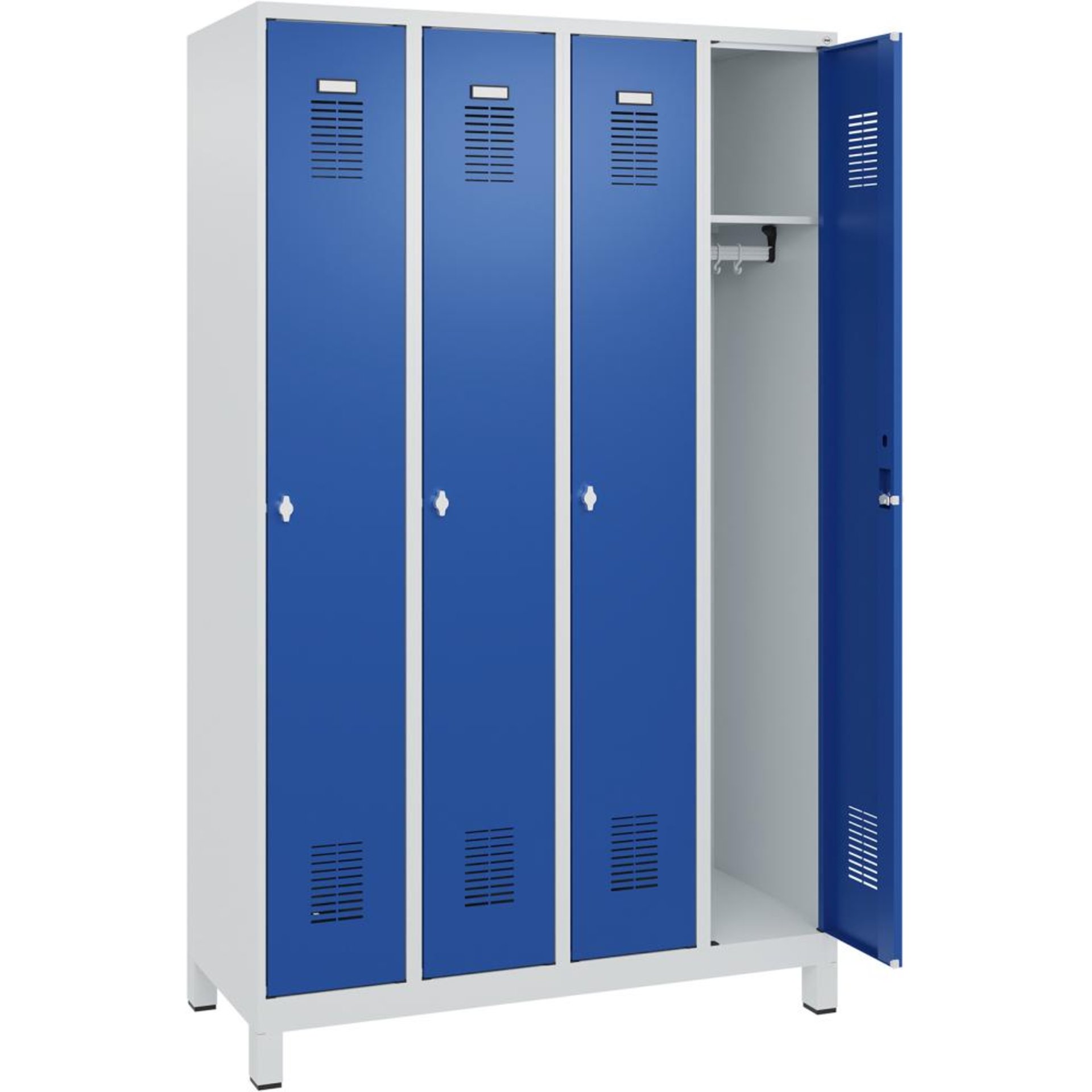 FORMAT Garderobenschrank B1200xT500xH1950 mm RAL 7035/5010, 4 Abteile u. Füße (Selbstmontage)