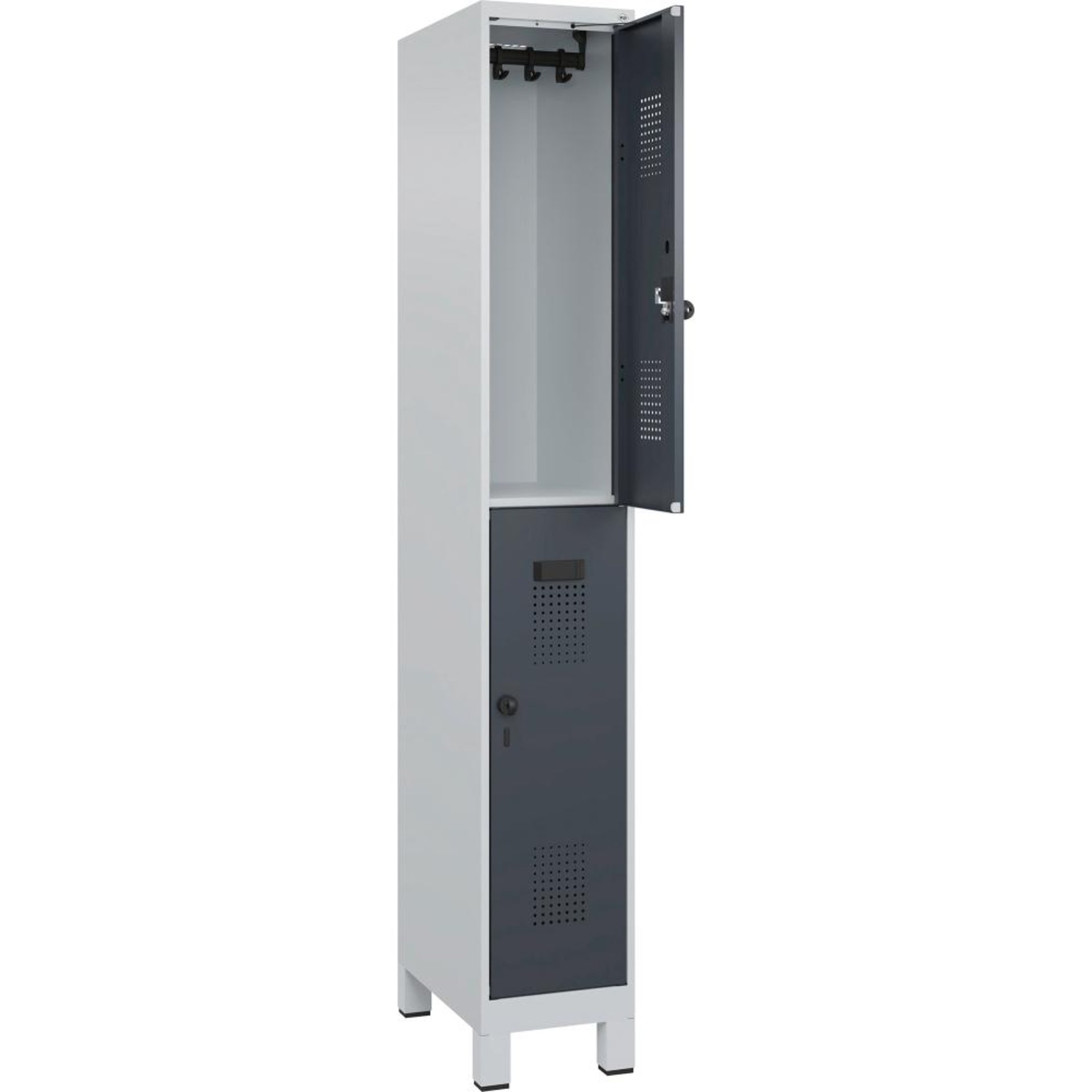 Doppelst. Schrank EVOLO mit 100 mm hohen Füßen RAL7035/7016, 1x2Abteile B300xT500xH1950mm