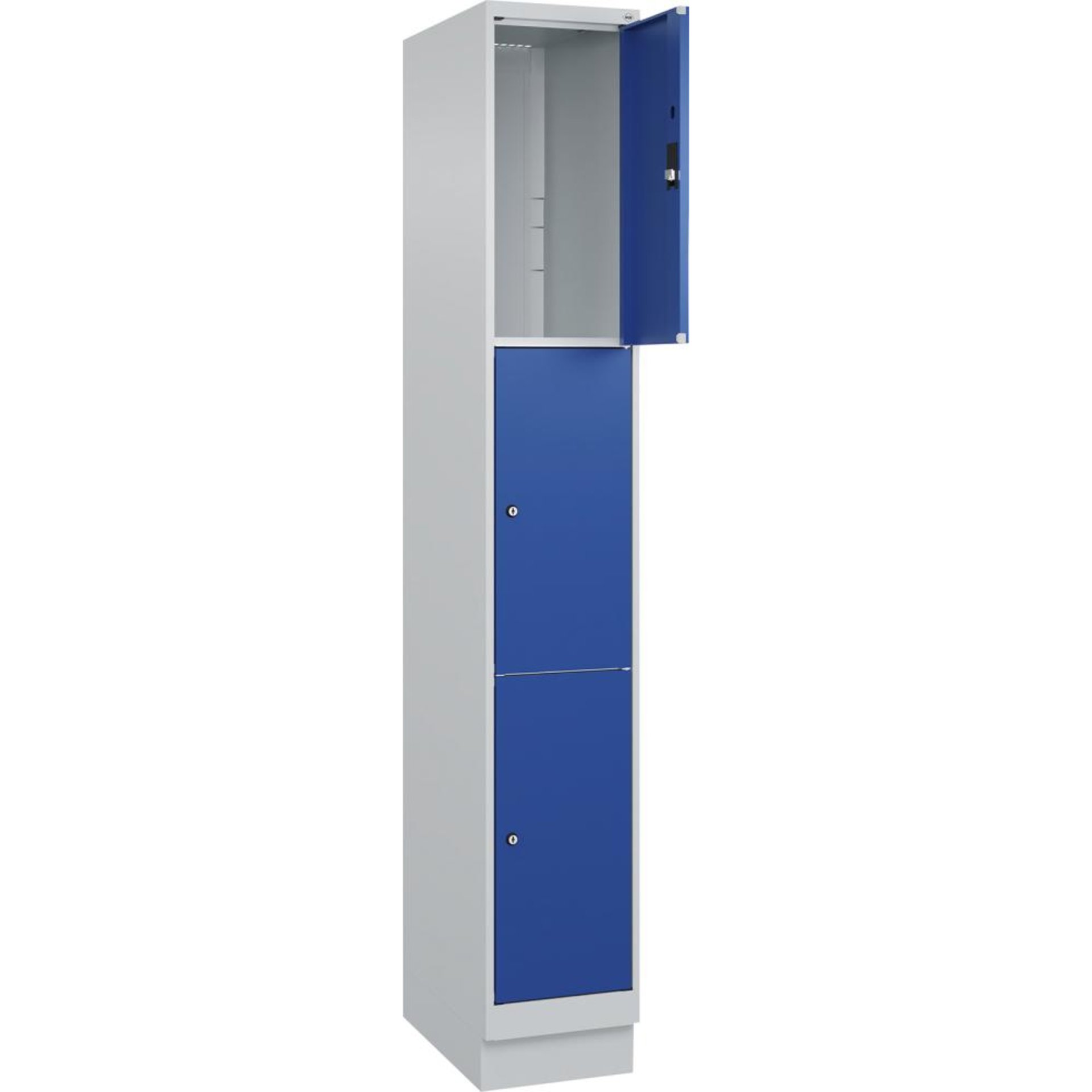 Fächerschrank CLASSIC B300xT500xH1950 mm RAL 7035/5010, 1x3 Fächermit 100 mm hohem Sockel