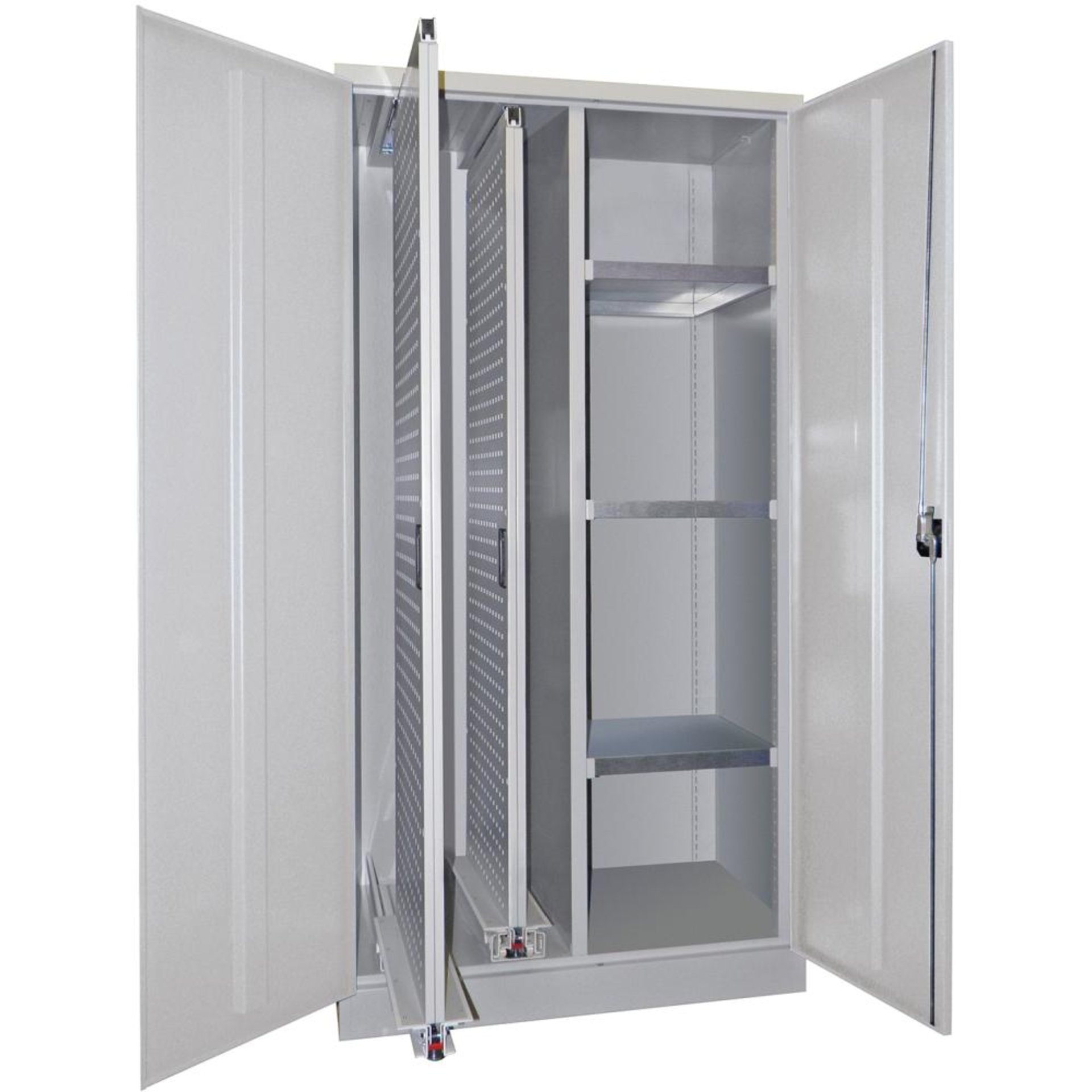 Vertikalauszugsschrank B1000xT600xH1950 mm 2 Wannen, 3 Böden RAL 7035, Mittelwand