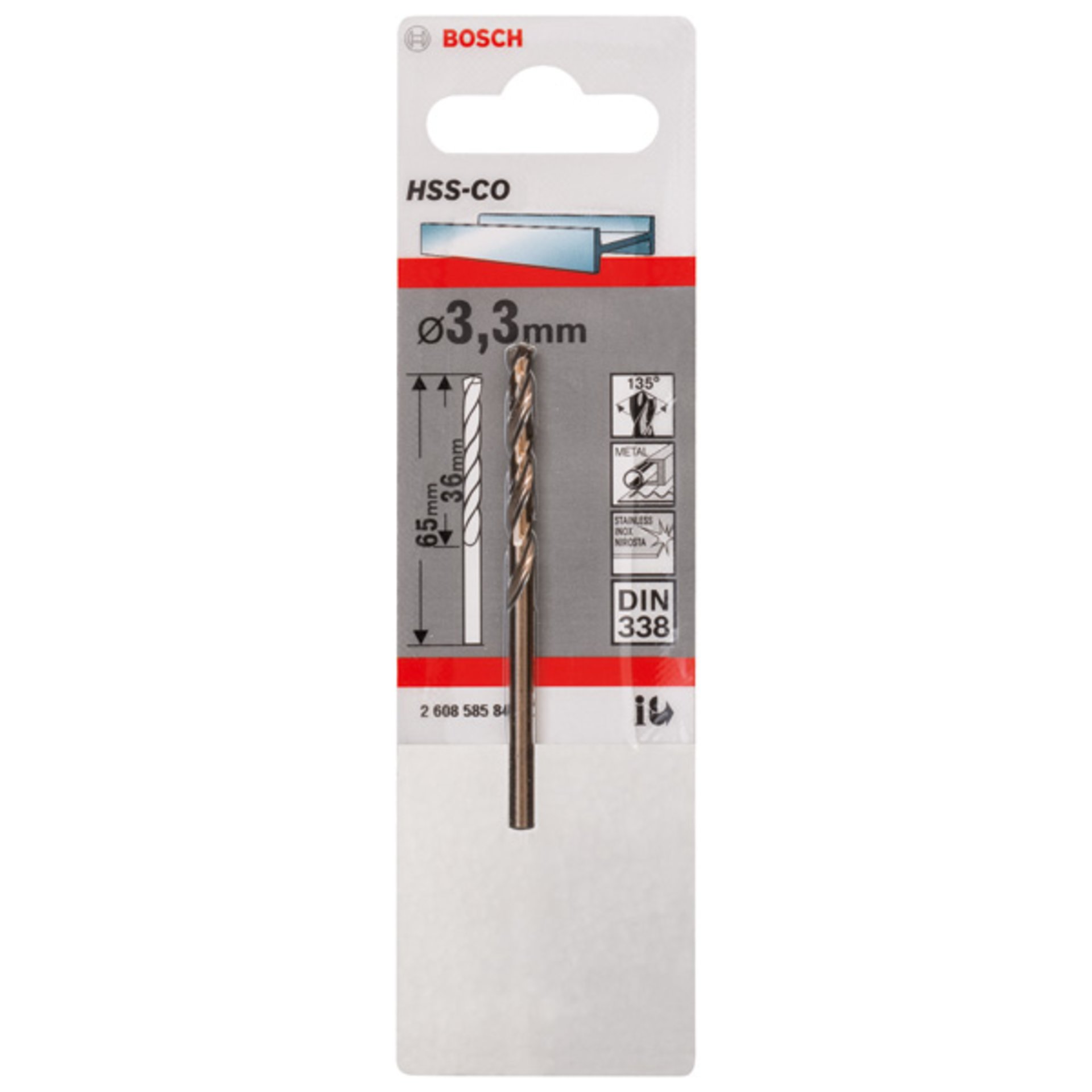 Metallbohrer HSS-Co, DIN 338, 3,3 x 36 x 65 mm, 1er-Pack