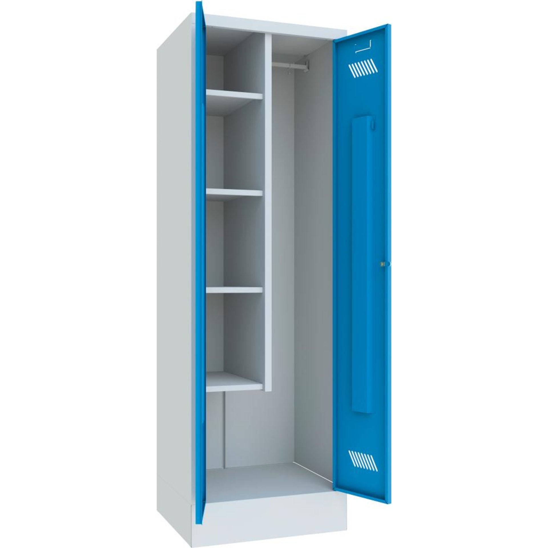 Putzmittelschrank verk. Trennwand, 4 Böden auf Sockel RAL 7035/5012 B600xT500xH1850mm