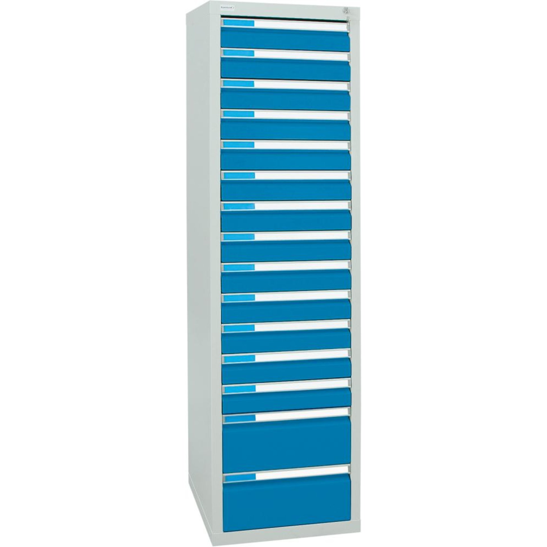 Format Schubladenschrank B1800xT500xH500mm RAL 7035/5012 15 Schubladen 75kg