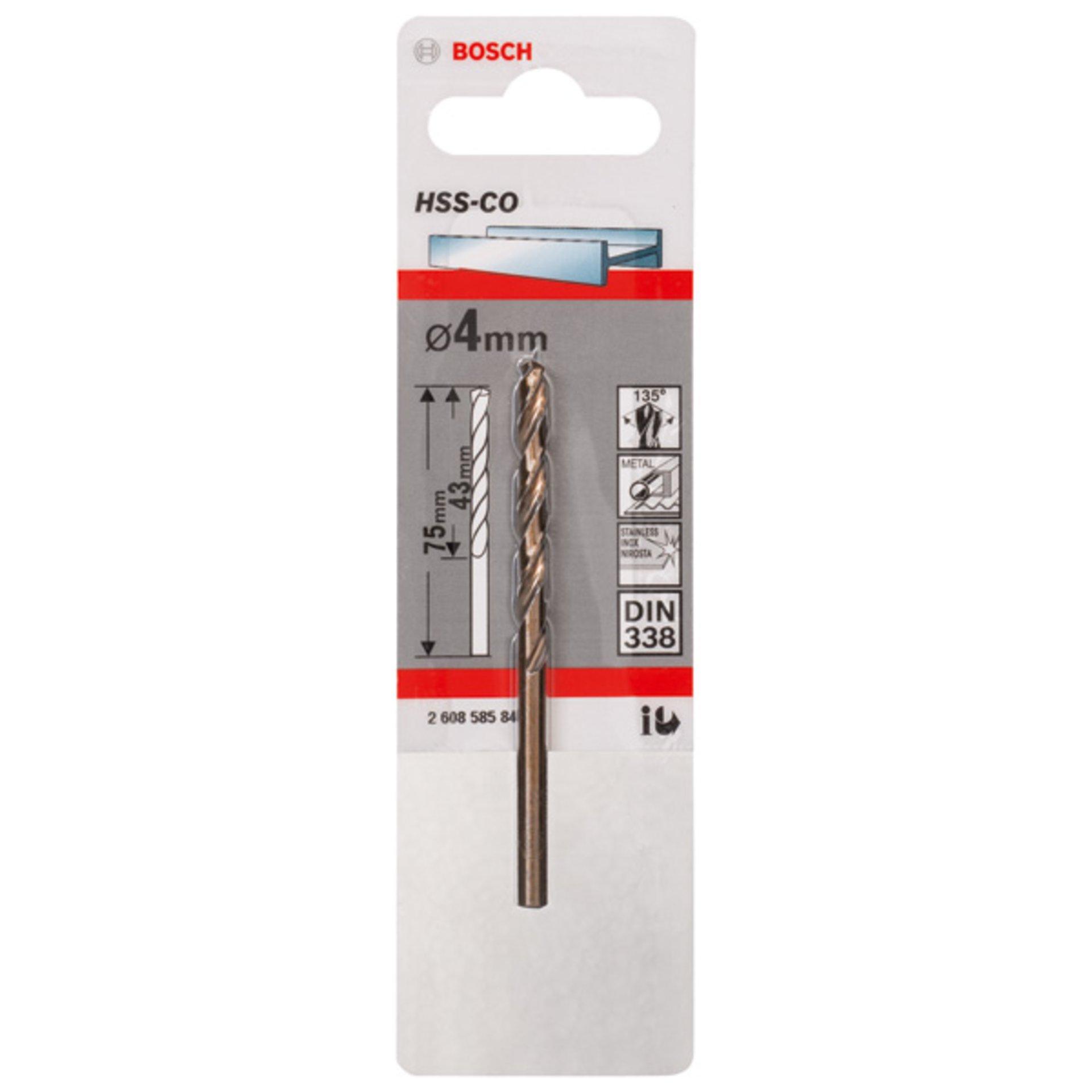 Metallbohrer HSS-Co, DIN 338, 4 x 43 x 75 mm, 1er-Pack