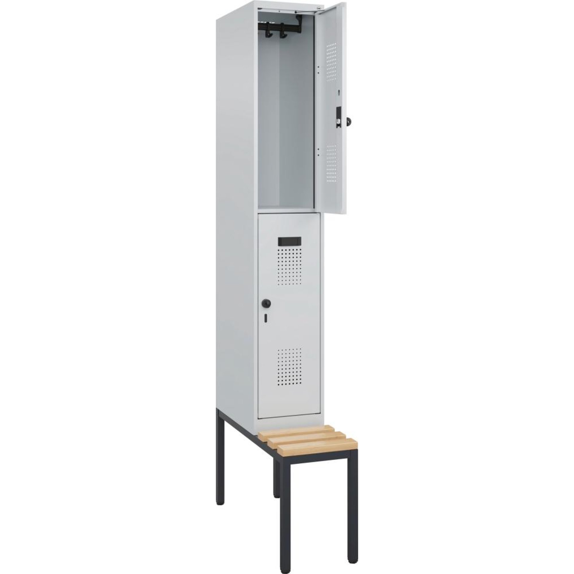 Doppelstöckiger Garderobenschrank Evolo PLUS, mit untergebauter Sitzbank