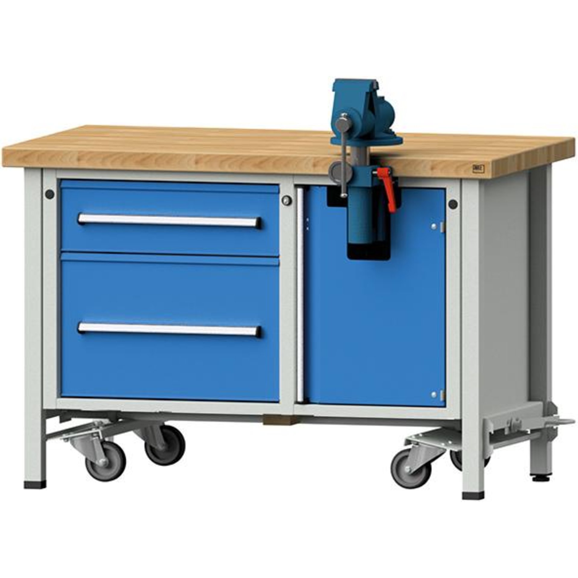 Anke Montagewerkbank B1270xT700xH850mm RAL7035/5012 BMP: 50 mm 2 Schubladen, 1 Tür