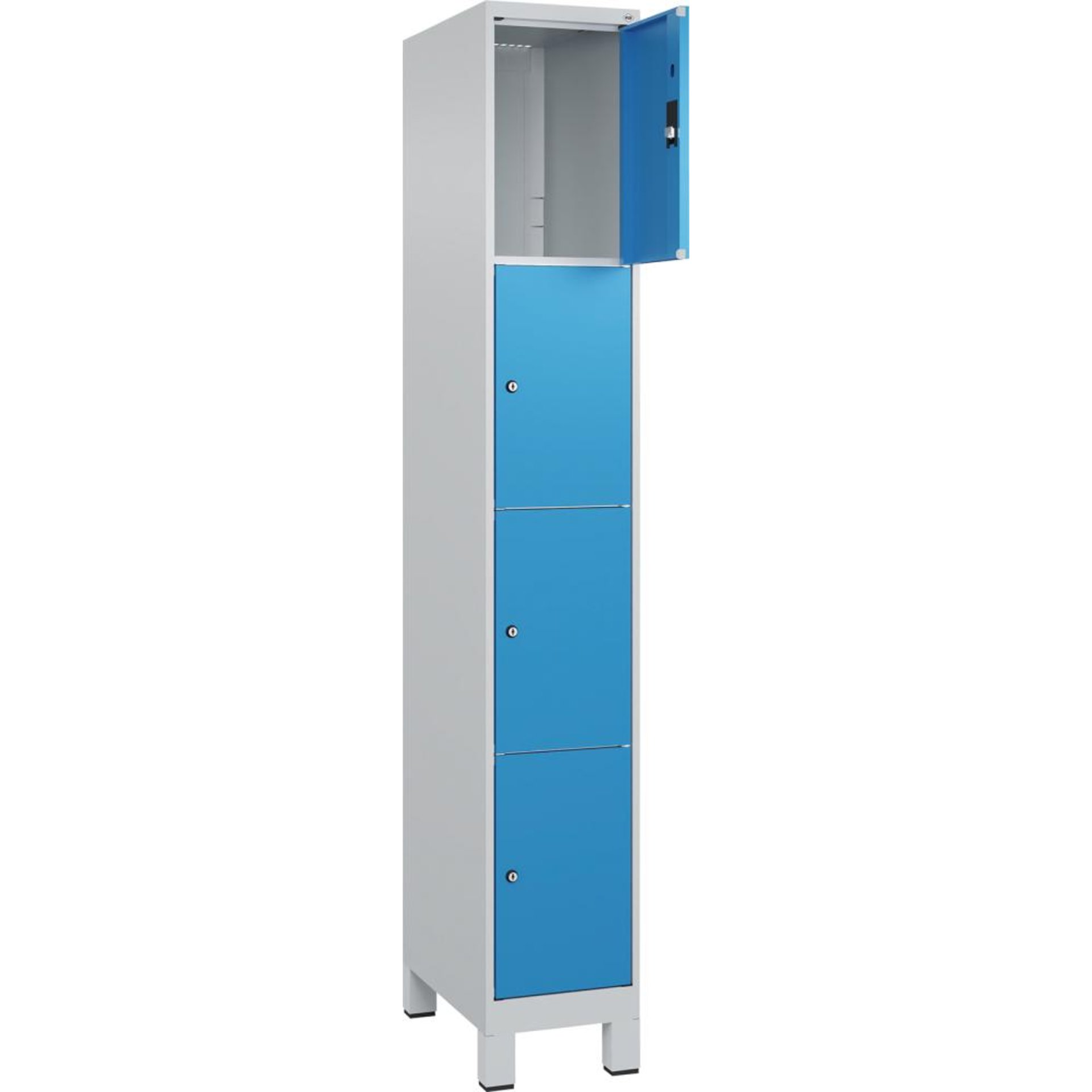 Fächerschrank CLASSIC B300xT500xH1950 mm RAL 7035/5012, 1x4 Fächermit 100 mm hohen Füßen
