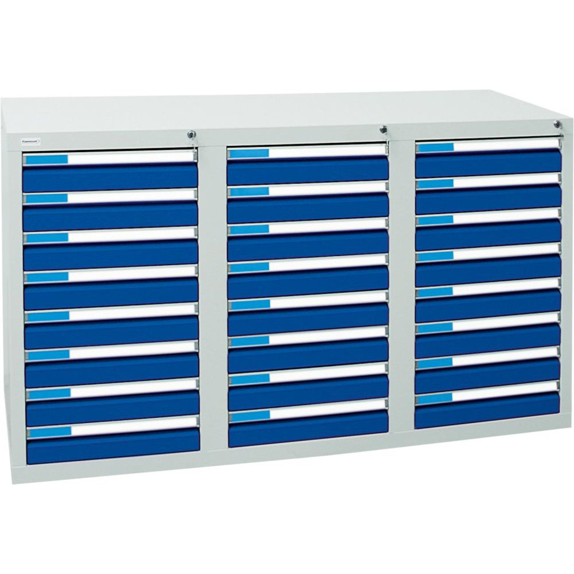 Format Schubladenschrank B500xT1500xH900mm RAL 7035/5010 24 Schubladen 75kg