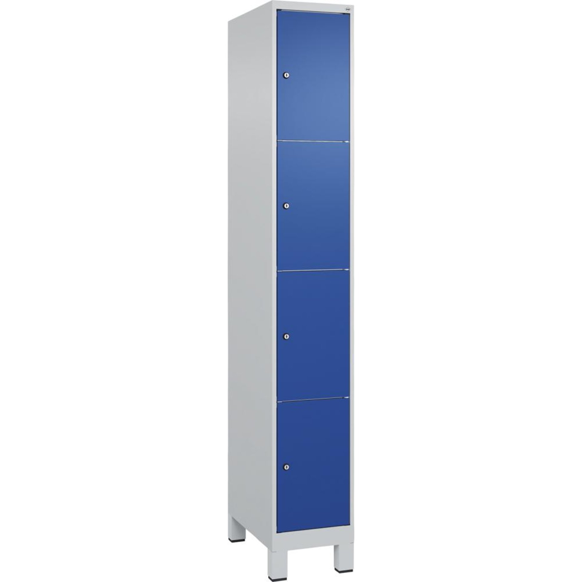 Fächerschrank CLASSIC B300xT500xH1950 mm RAL 7035/5010, 1x4 Fächermit 100 mm hohen Füßen