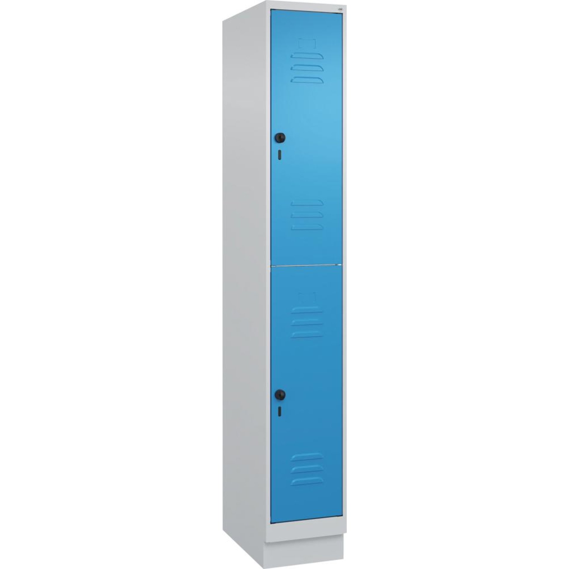 Doppelst. Schrank CLASSICB300xT500xH1950 mm RAL 7035/5012, 1x2Abteilemit 100 mm hohem Sockel