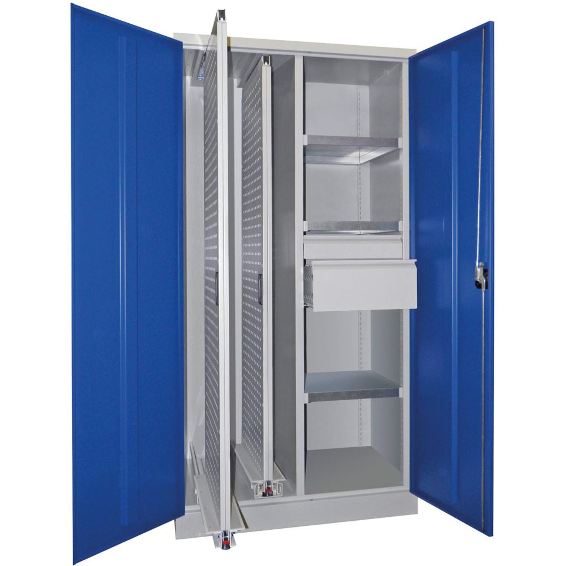 Vertikalauszugsschrank B1000xT600xH1950 mm 2 Wannen, 3 Böden, 2 SL RAL 7035/5012, Mittelwand