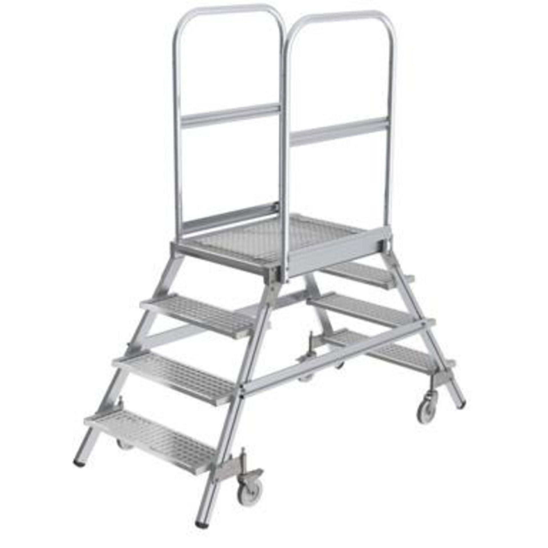 Podesttreppe, zweiseitig  begehbar, Stahl-Gitterrost