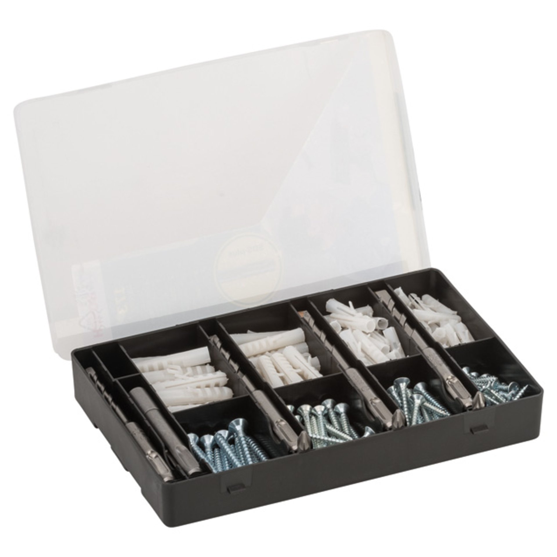 Fixier-Set 173-teilig, Bohrer, Dübel, Schrauben, Bits in handlicher Sortierbox.