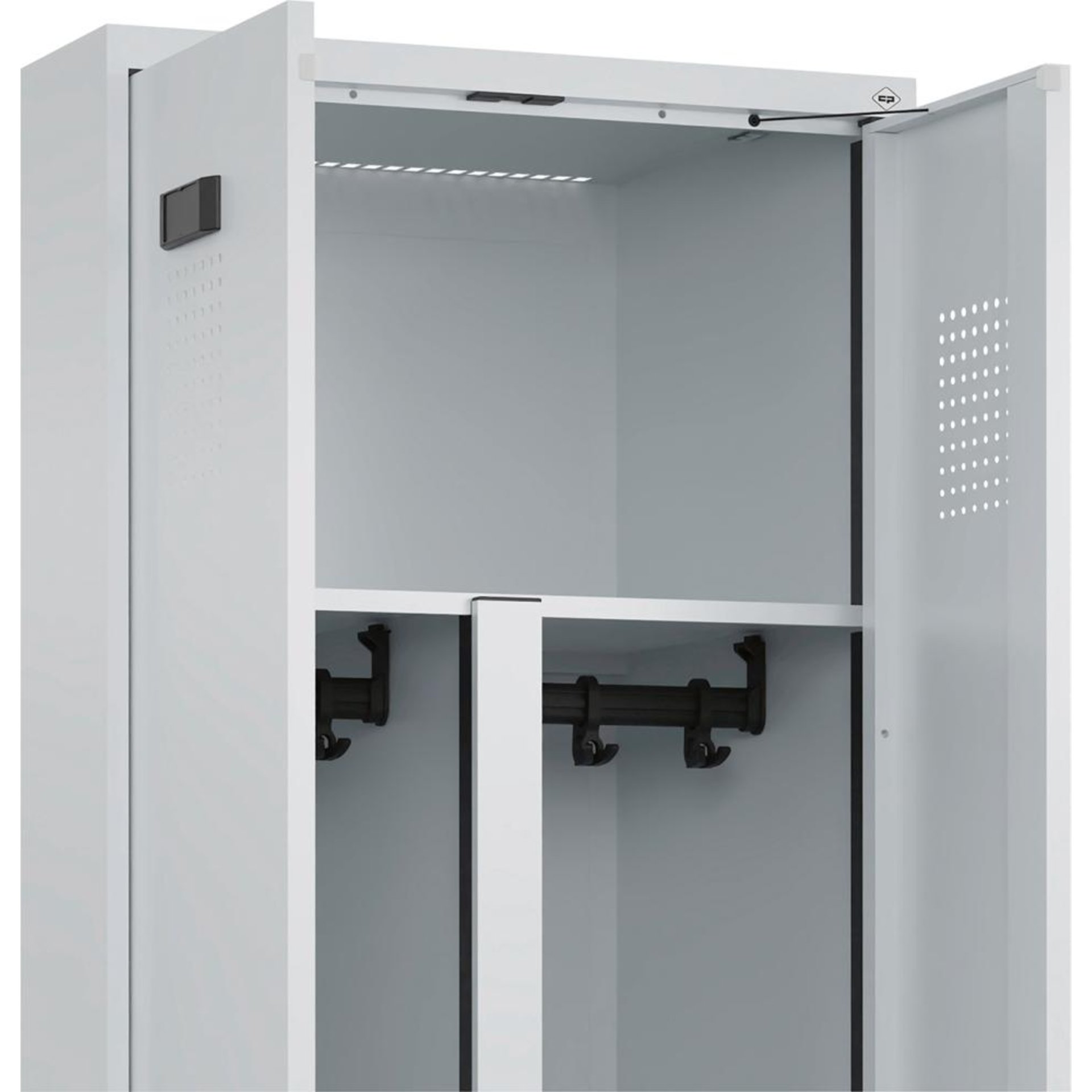 S/W-Gard.-Schrank EVOLO mit untergeb. Sitzbank RAL 7035/7035, 2 Abteile B600xT500xH2120mm