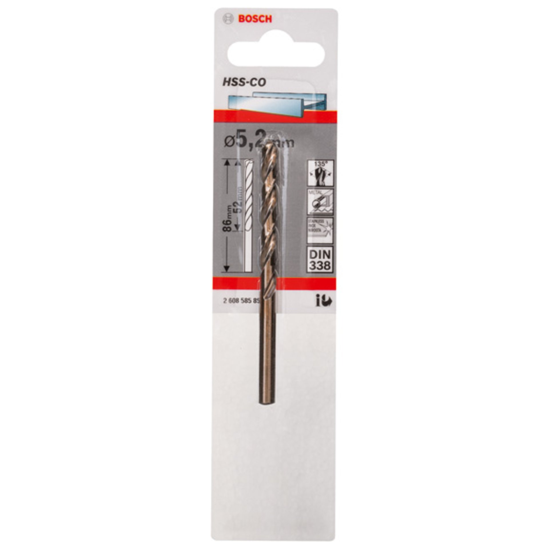 Metallbohrer HSS-Co, DIN 338, 5,2 x 52 x 86 mm, 1er-Pack
