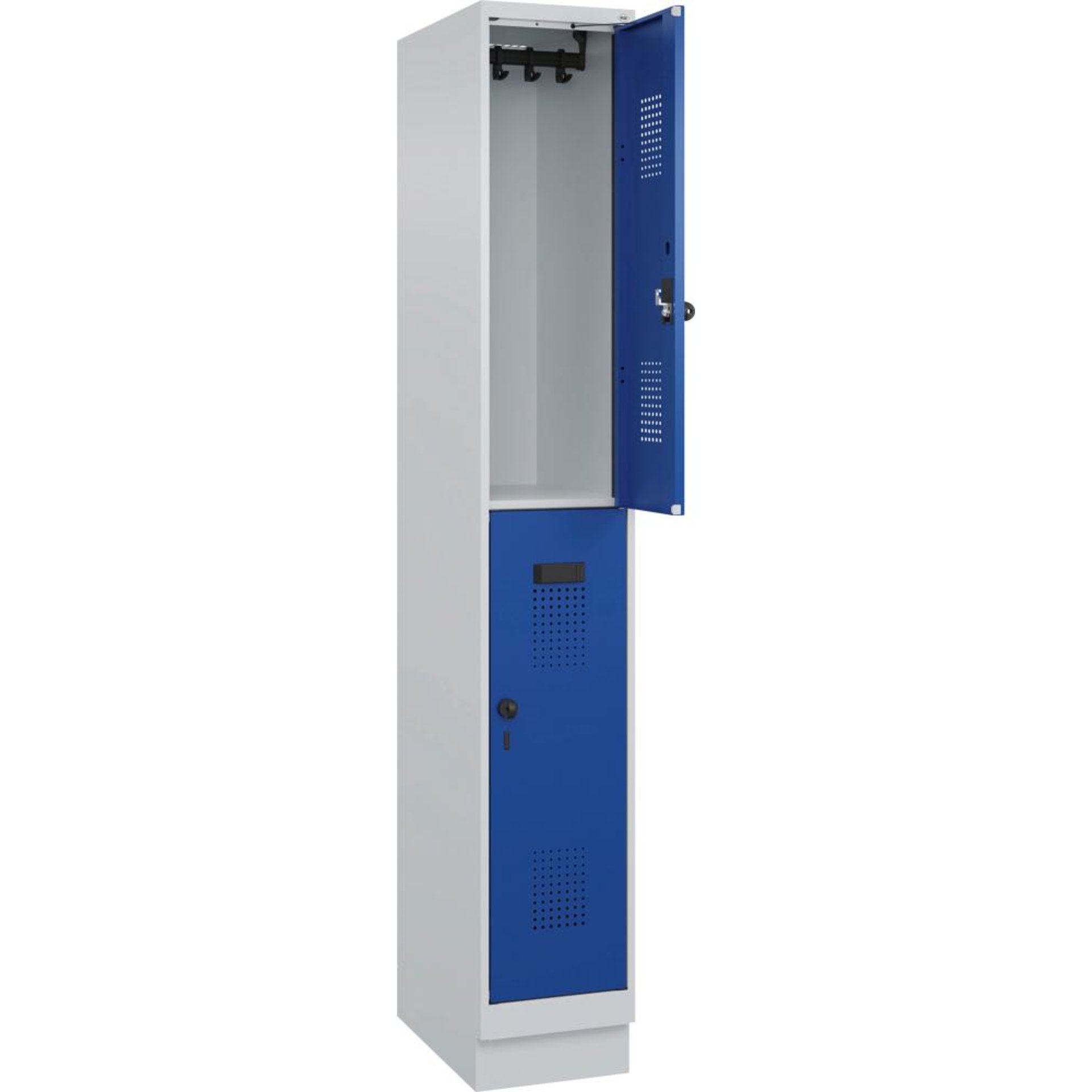 Doppelst. Schrank EVOLO mit 100 mm hohem Sockel RAL7035/5010, 1x2Abteile B300xT500xH1950mm