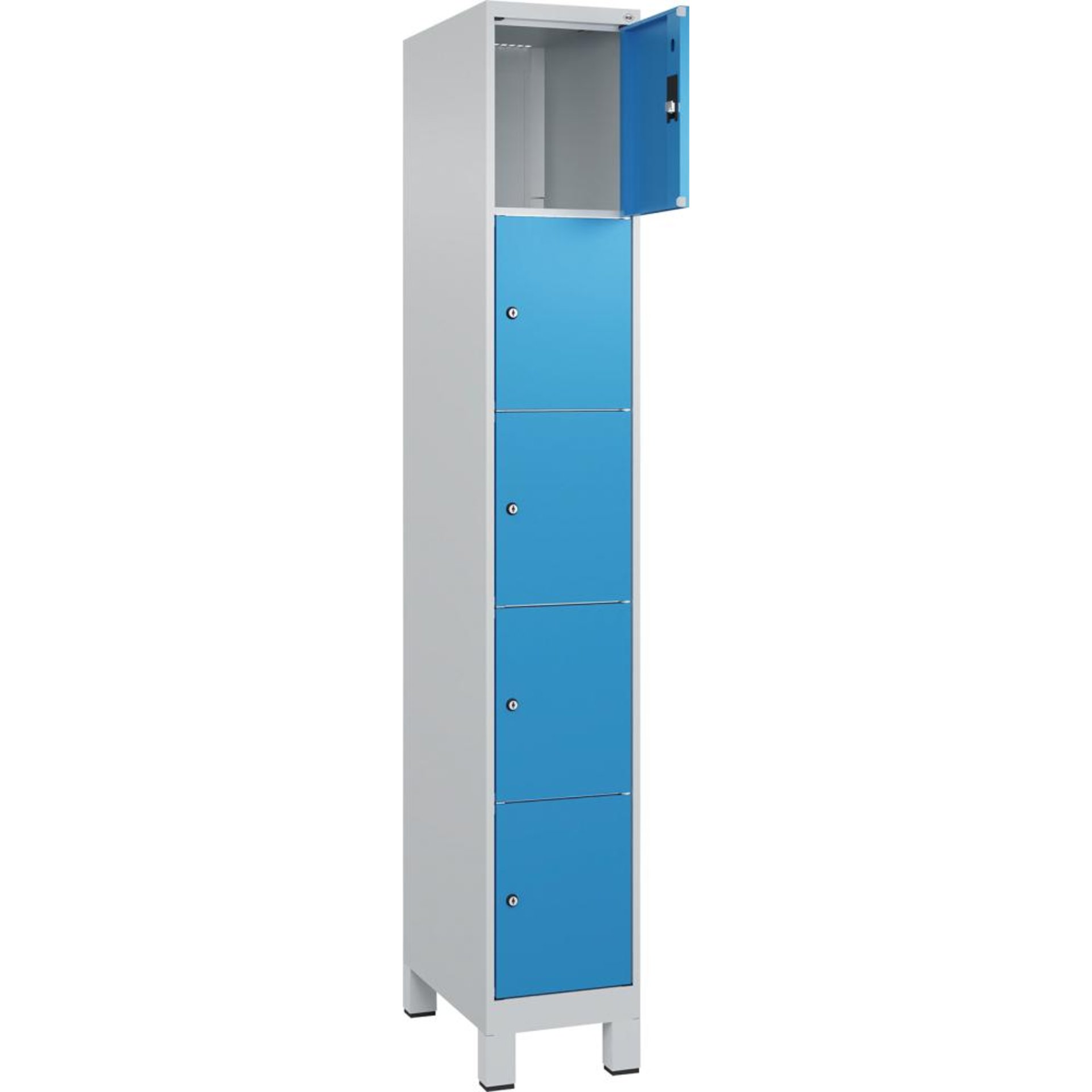 Fächerschrank CLASSIC B300xT500xH1950 mm RAL 7035/5012, 1x5 Fächermit 100 mm hohen Füßen