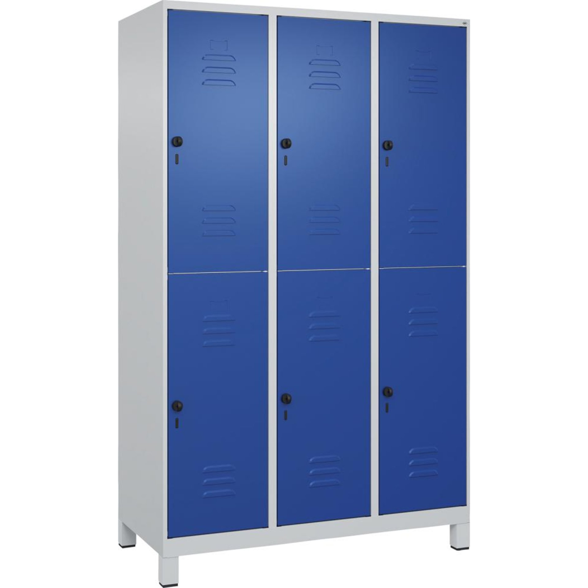 Doppelst. Schrank CLASSICB1200xT500xH1950 mm RAL 7035/5010, 3x2Abteilemit 100 mm hohen Füßen