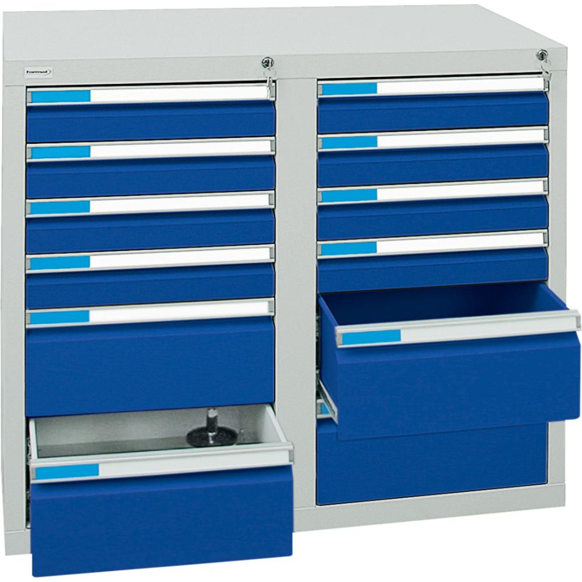 Format Schubladenschrank B500xT1000xH900mm RAL 7035/5010 12 Schubladen 75kg