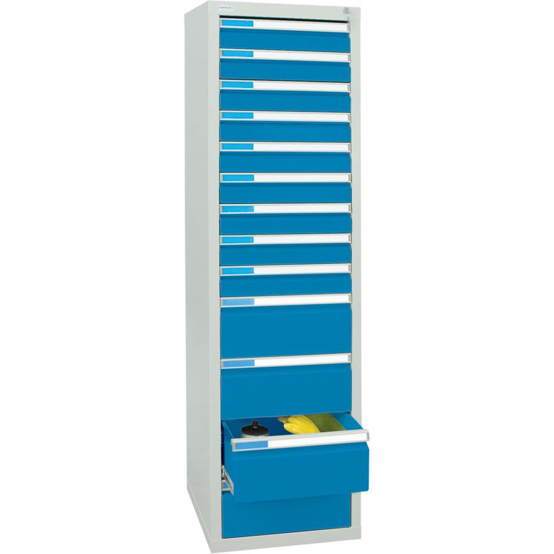 Format Schubladenschrank B1800xT500xH500mm RAL 7035/5012 13 Schubladen 75kg
