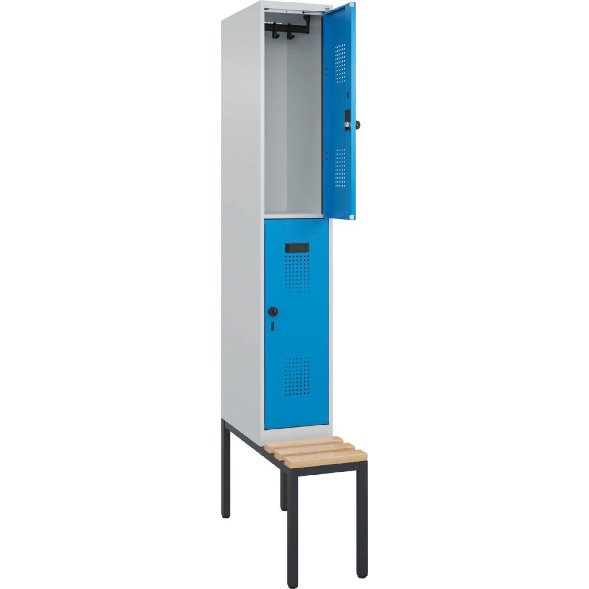Doppelst. Schrank EVOLO mit untergeb. Sitzbank RAL7035/5012, 1x2Abteile B300xT500xH2120mm