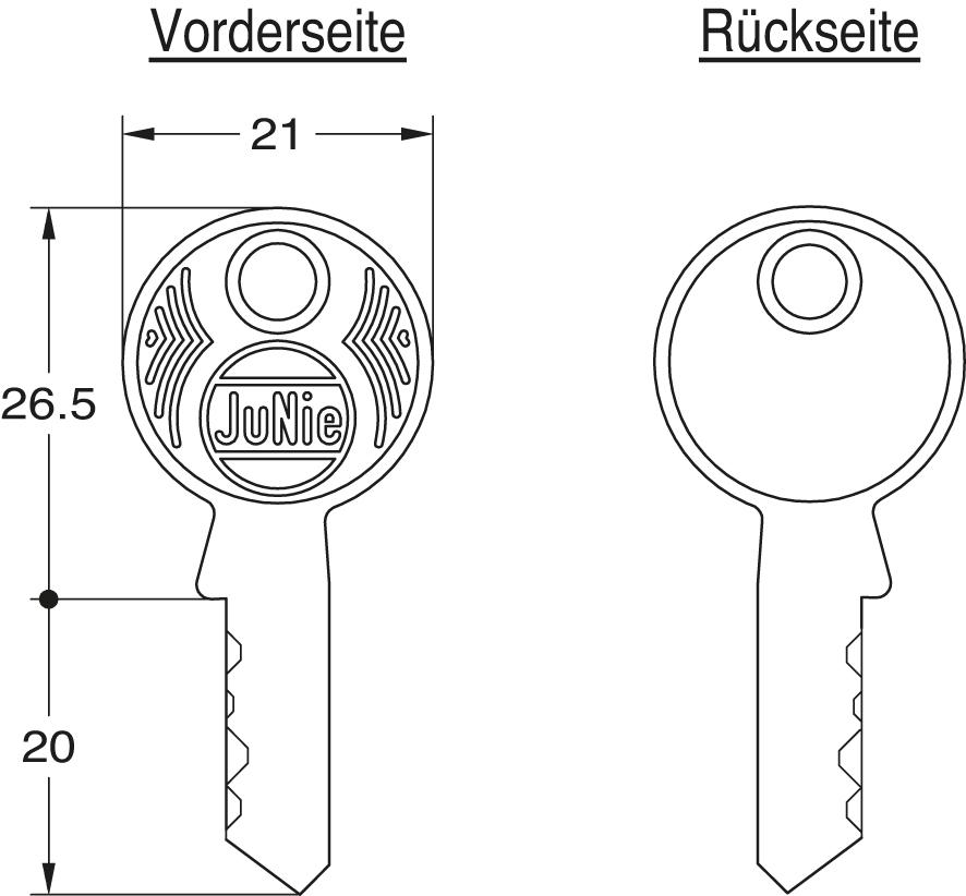 JuNie Möbelschloss-Schlüsselrohling 0499,Schaftl. 20mm, Stahl vernickelt