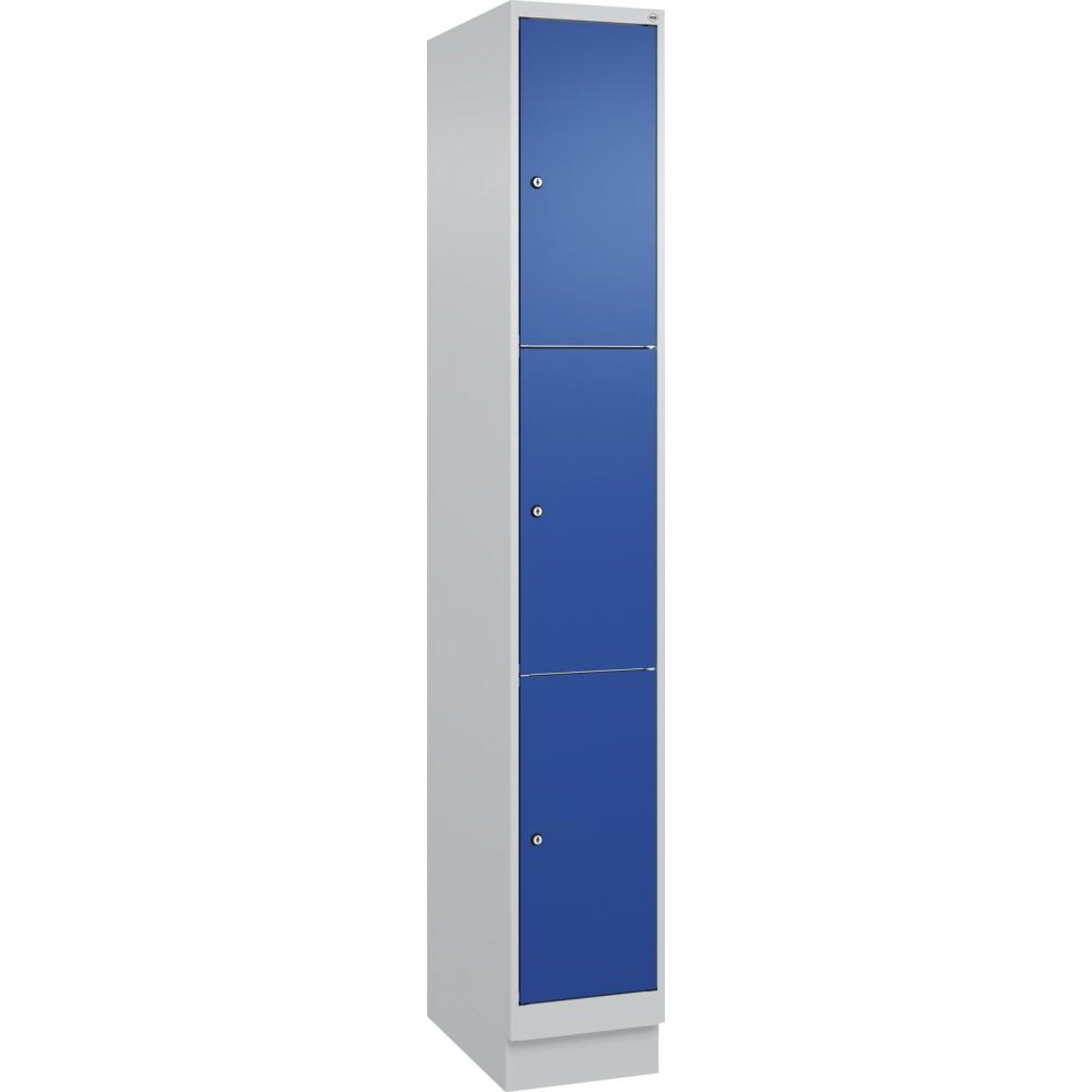 Fächerschrank CLASSIC B300xT500xH1950 mm RAL 7035/5010, 1x3 Fächermit 100 mm hohem Sockel
