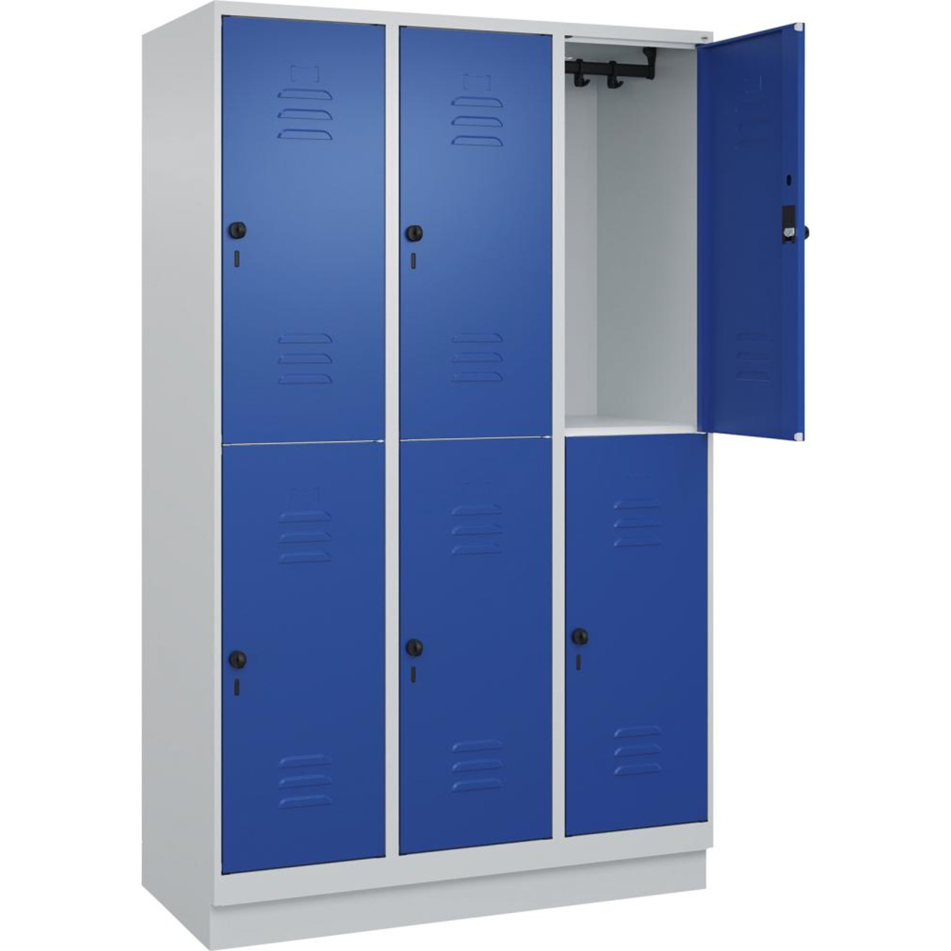 Doppelst. Schrank CLASSICB1200xT500xH1950 mm RAL 7035/5010, 3x2Abteilemit 100 mm hohem Sockel