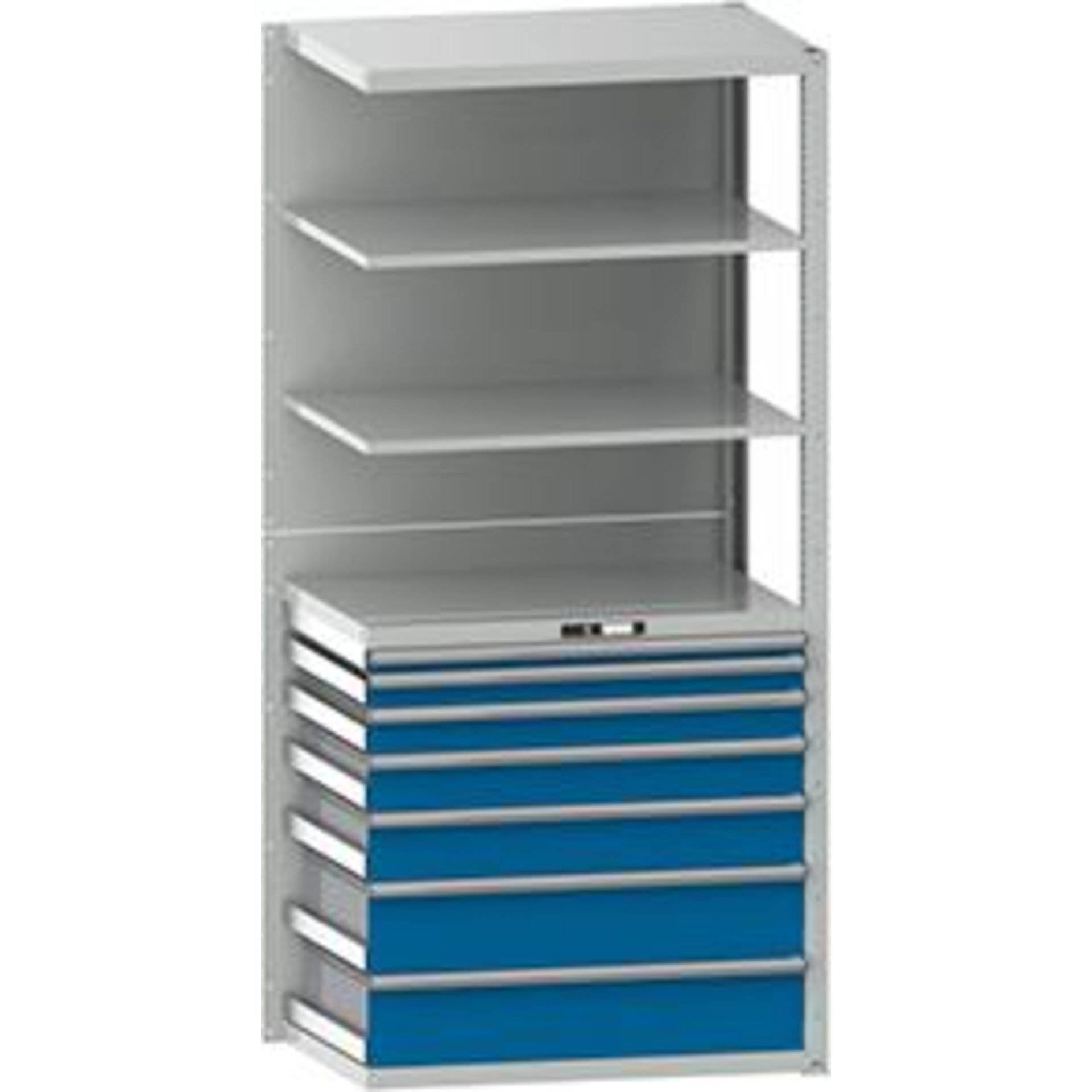 Schubladenregal B1020xT706xH2200 mm Anbaufeld RAL 7035/5012 7 Schubladen, 5 Böden