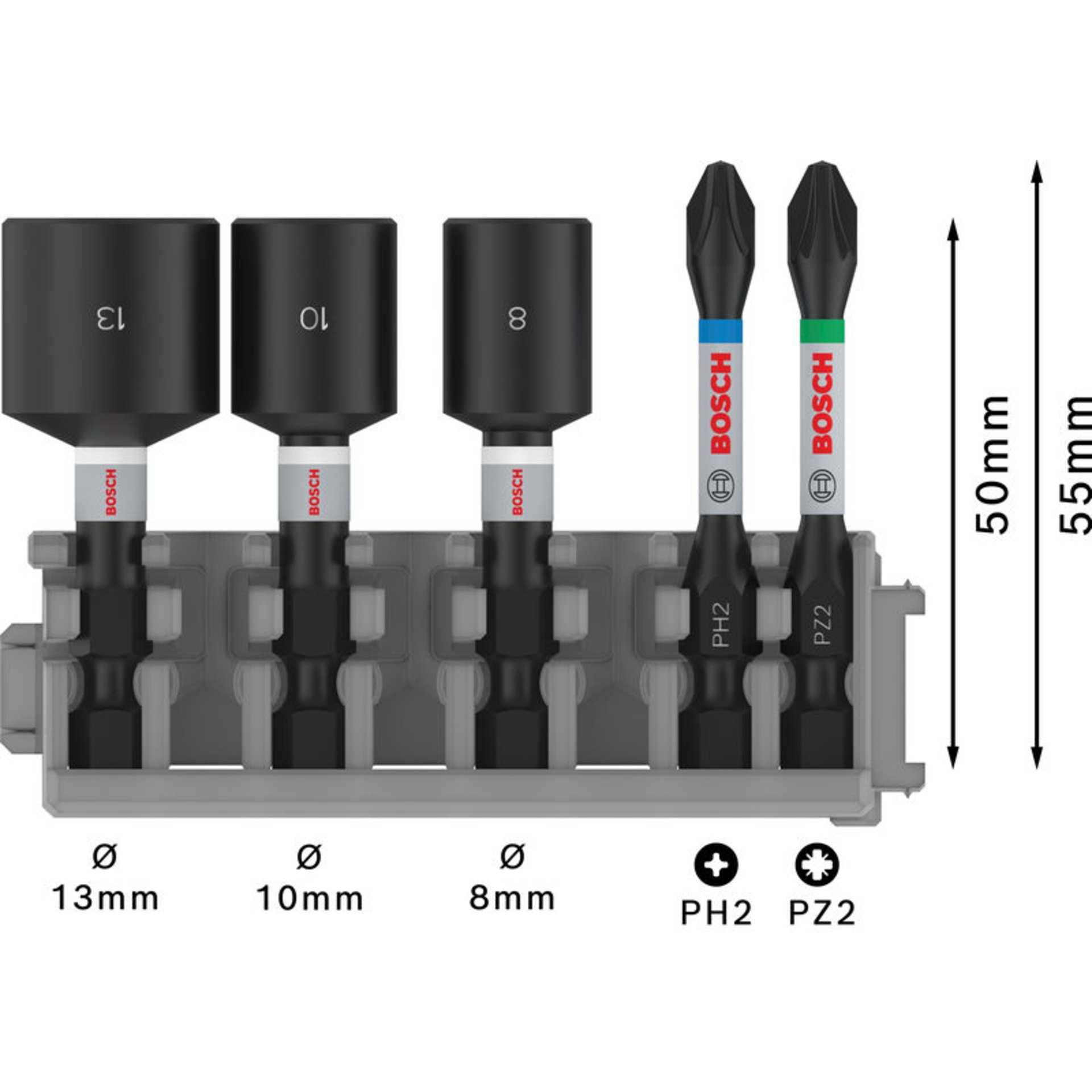 PRO Impact Set mit Steckschlüsseln, PH2x50, PZ2x50, NS8x50, NS10x50, NS13x50 mm