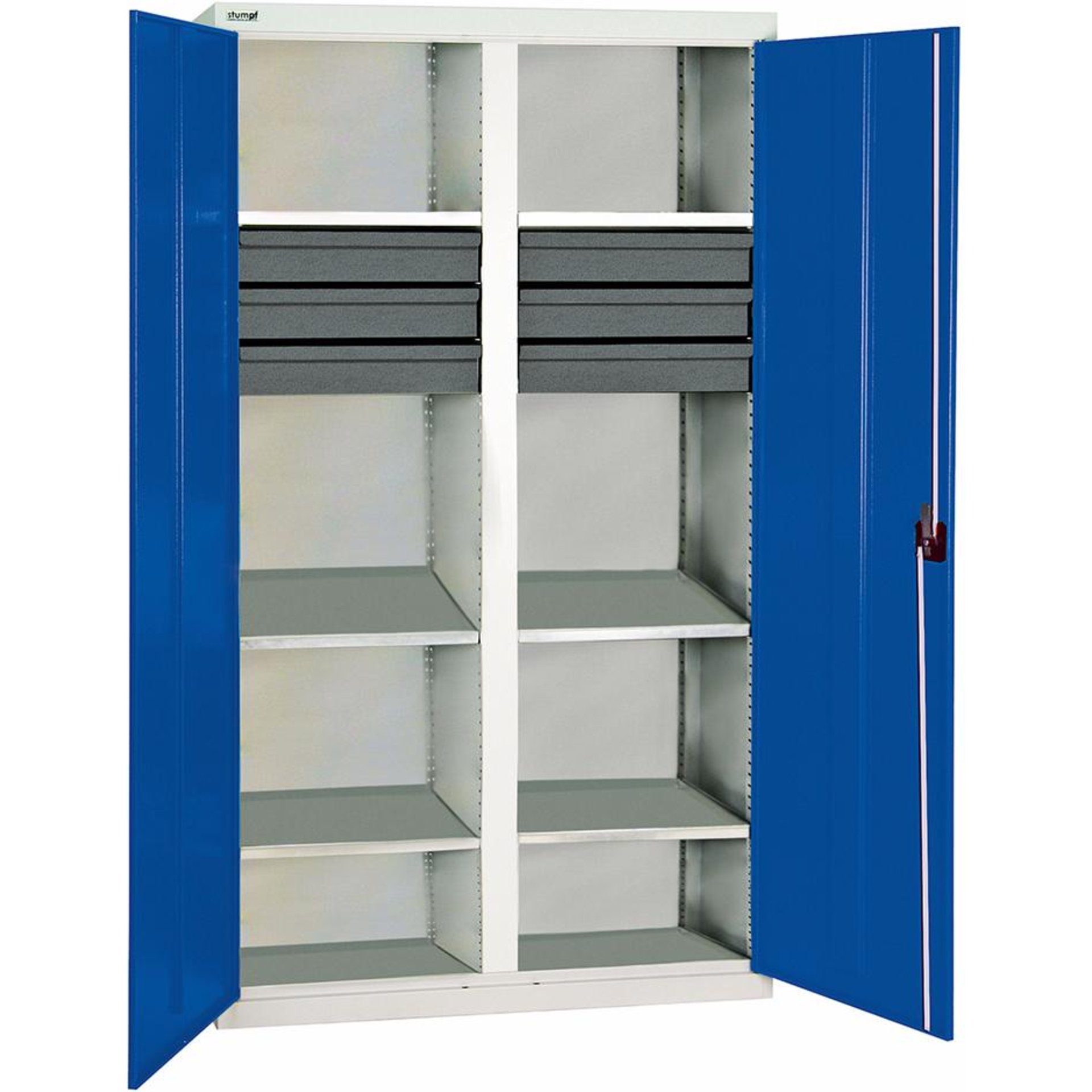 Werkzeugschrank B1000xT500xH1800 mm RAL 7035/5010 6 Schubladen, 6 Wannen