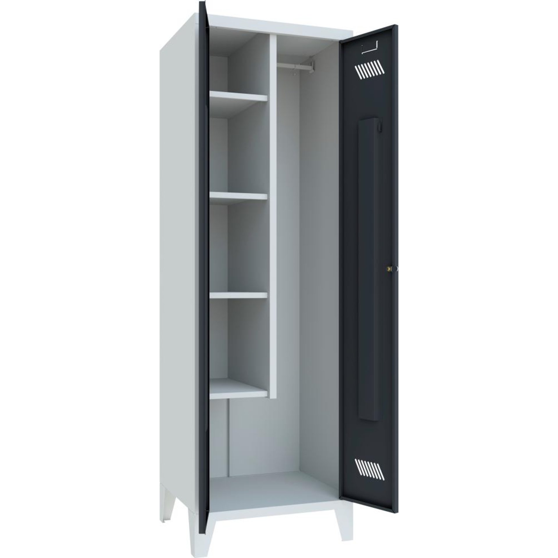 Putzmittelschrank verk. Trennwand, 4 Böden auf Füßen RAL 7035/7016 B600xT500xH1850mm