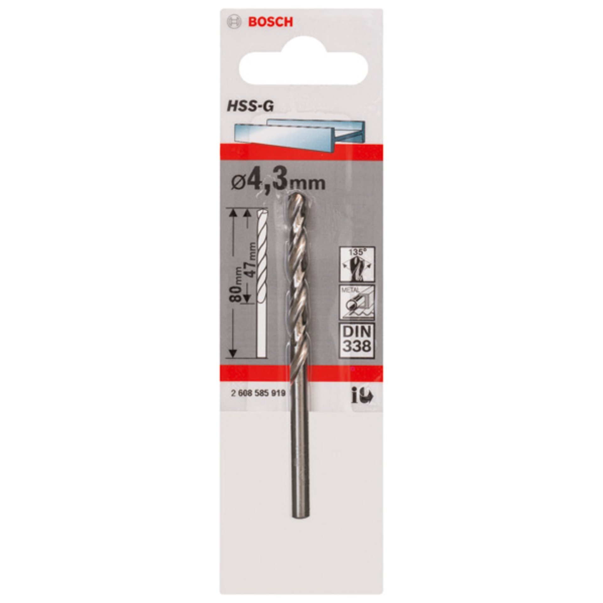Metallbohrer HSS-G, DIN 338, 4,3 x 47 x 80 mm, 1er-Pack