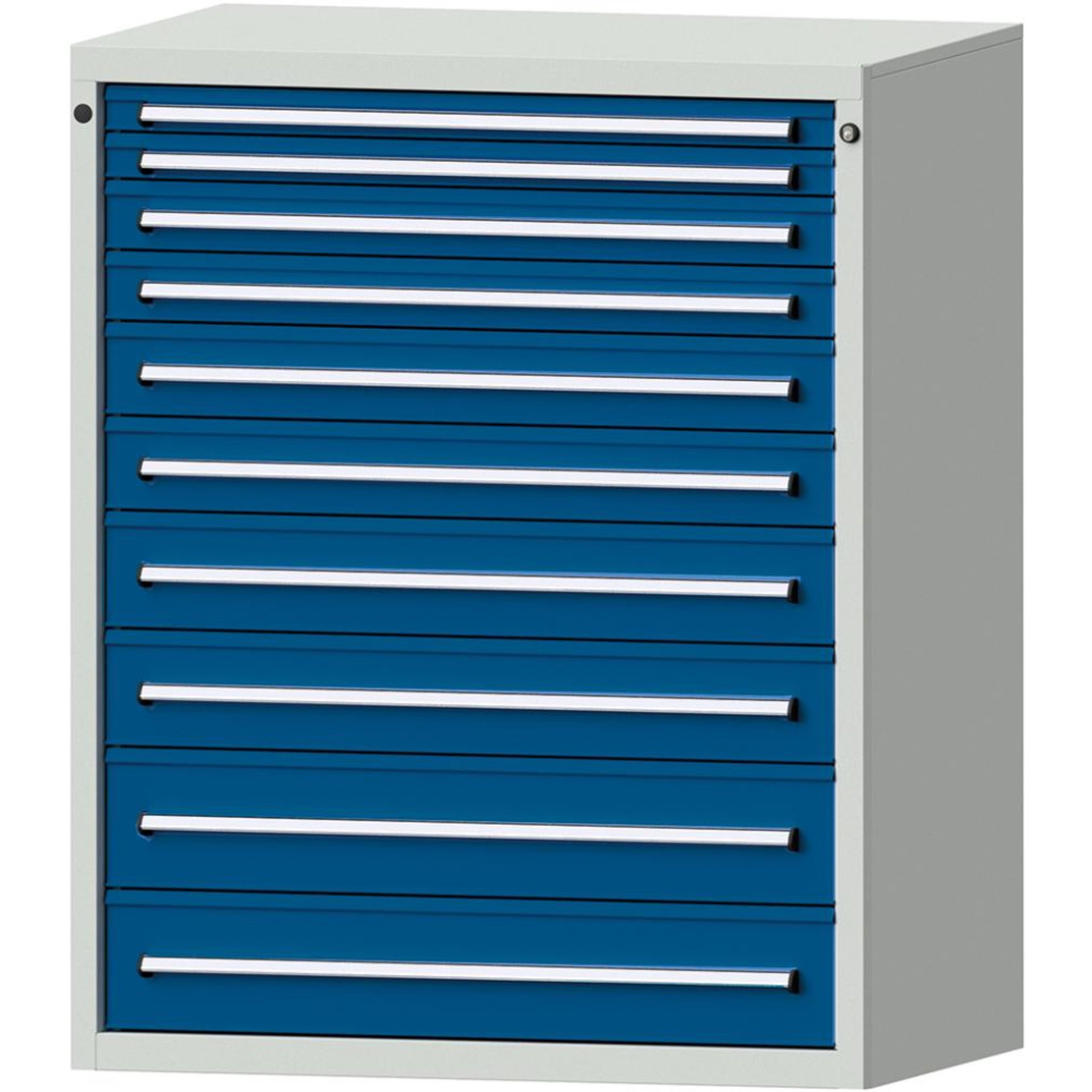 Format Schubladenschrank B1060xT700xH1300mm RAL7035/5010 10 Schubladen 75kg