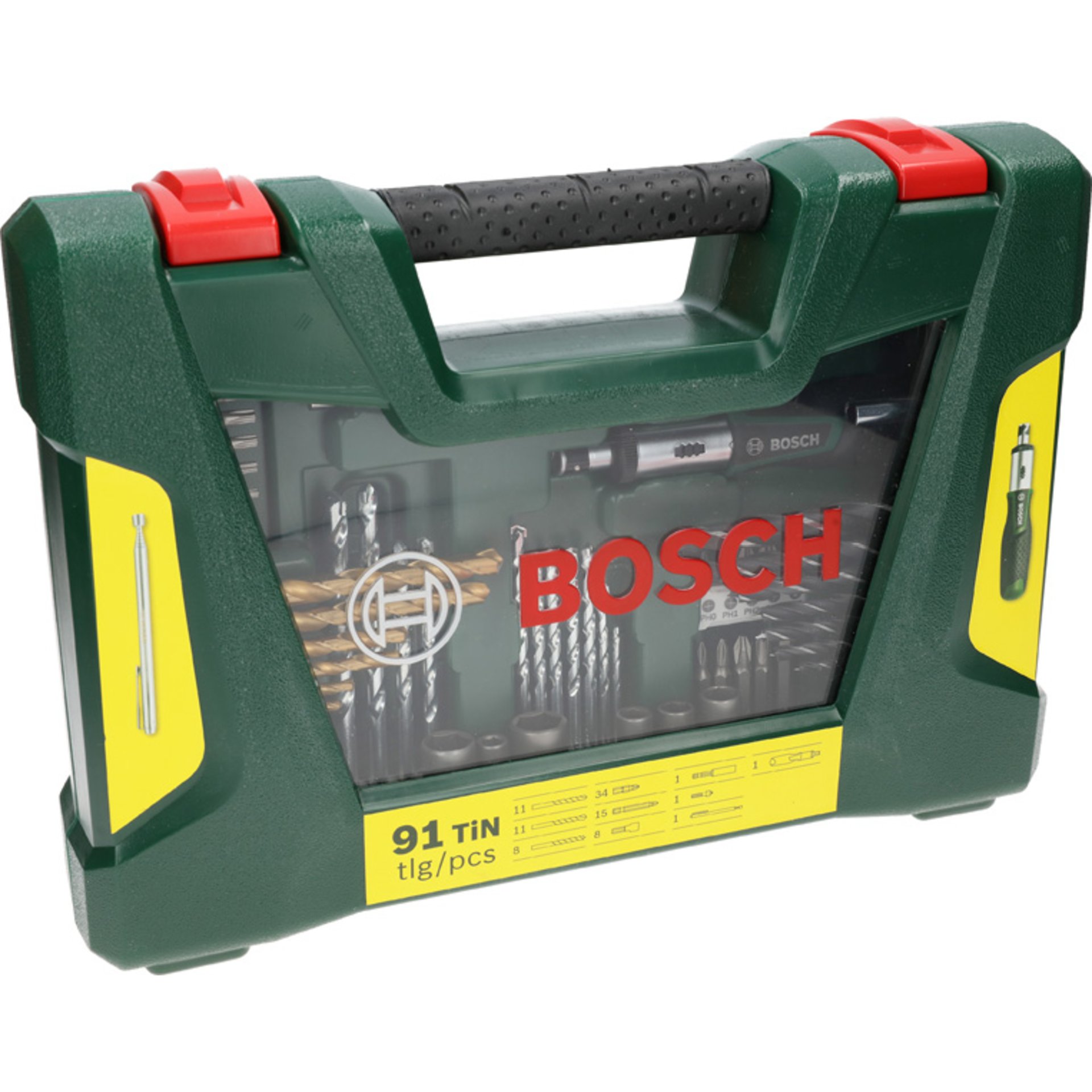 V-Line TiN-Bohrer- und Bit-Set, 91-teilig, Ratschen-Schraubendreher, Magnetstab