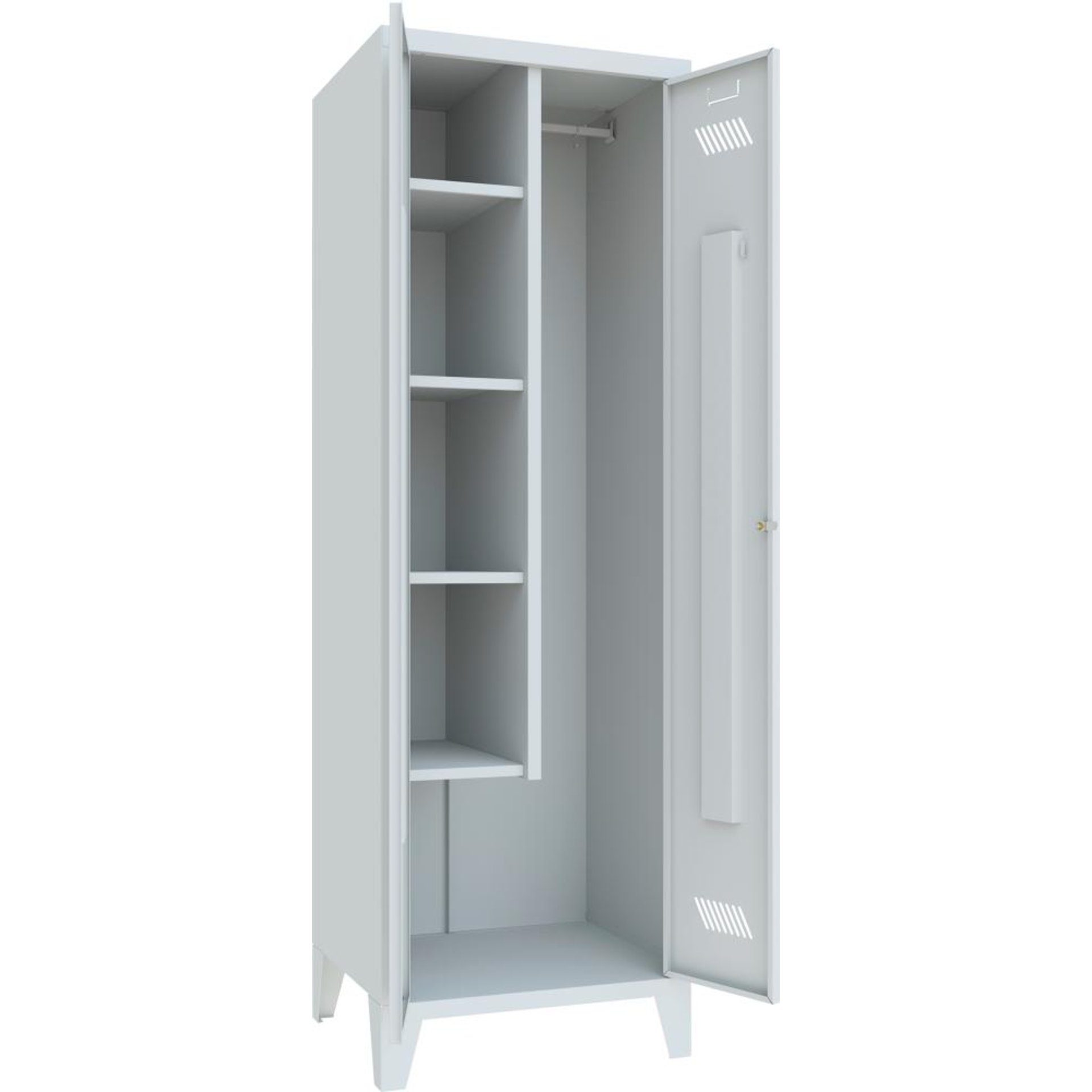 Putzmittelschrank verk. Trennwand, 4 Böden auf Füßen RAL 7035 B600xT500xH1850mm