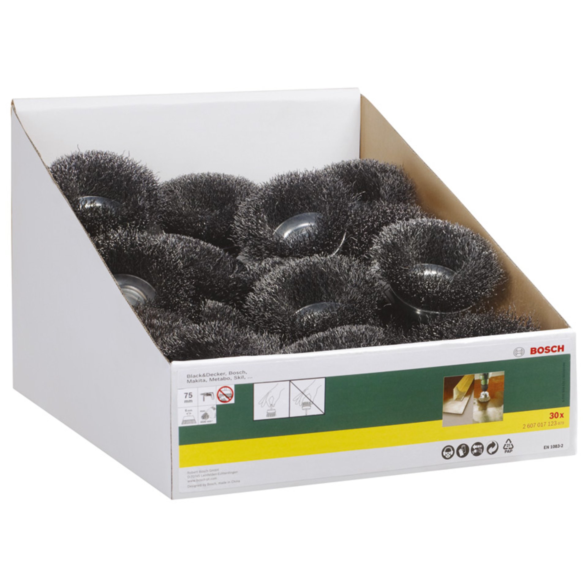 Topfbürste für Bohrmaschinen, gewellter Draht, 75 x 6 mm