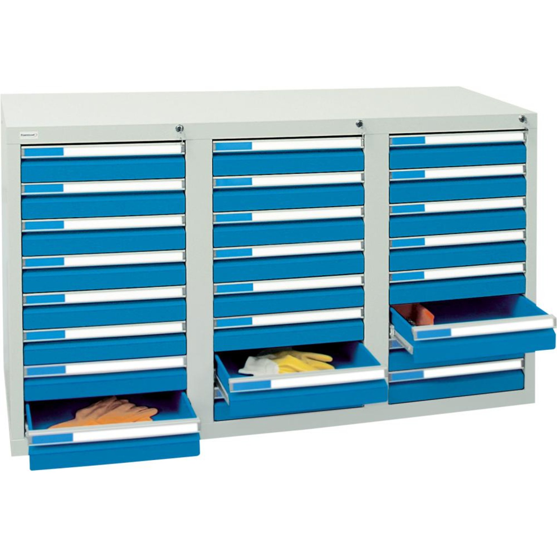 Format Schubladenschrank B500xT1500xH900mm RAL 7035/5012 24 Schubladen 75kg