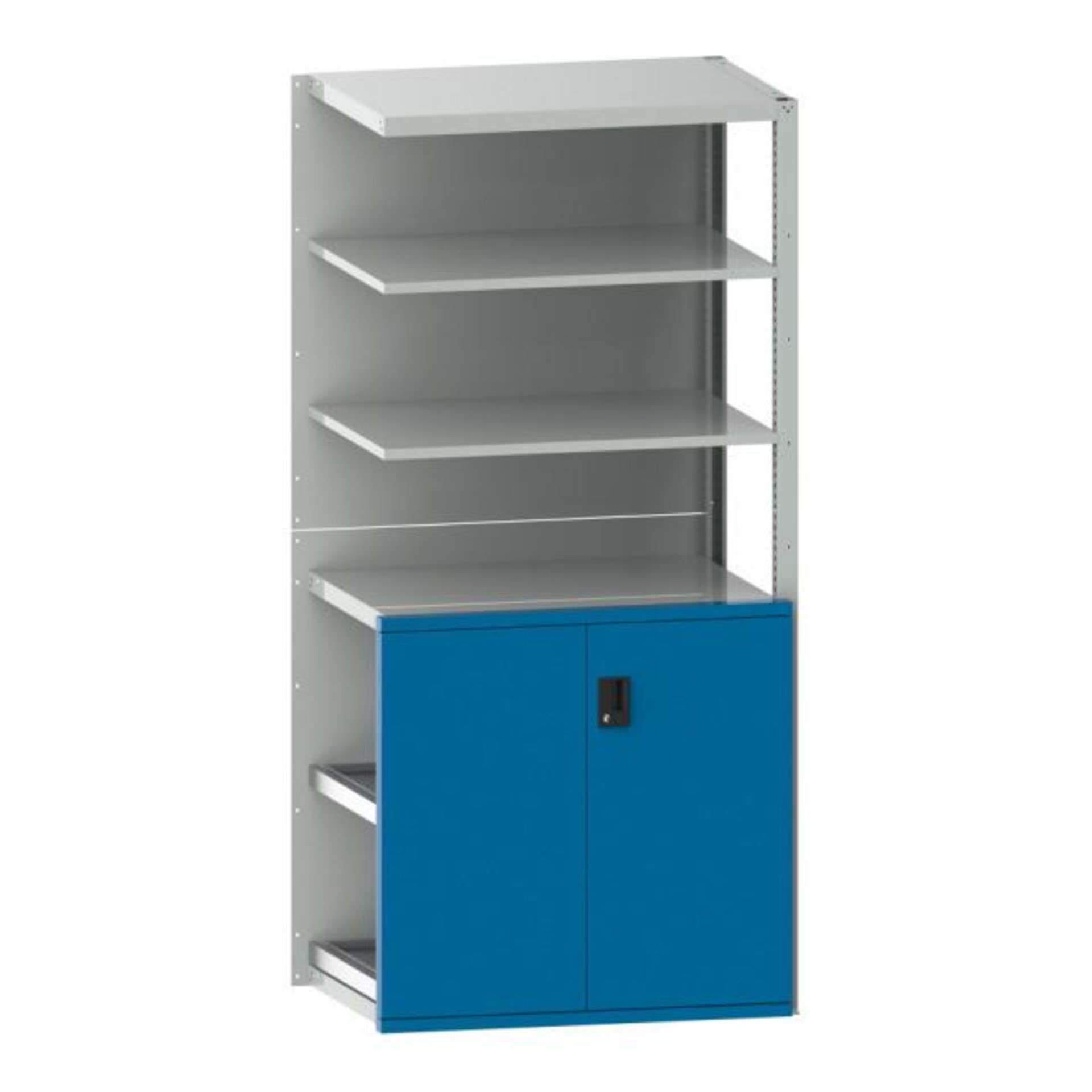 Schubladenregal B1020xT706xH2200 mm Anbaufeld RAL 7035/5012 1 Tür, 7 Böden LISTA