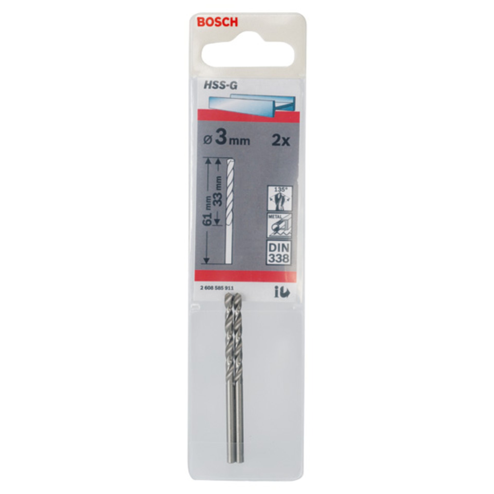 Metallbohrer HSS-G, DIN 338, 3 x 33 x 61 mm, 2er-Pack