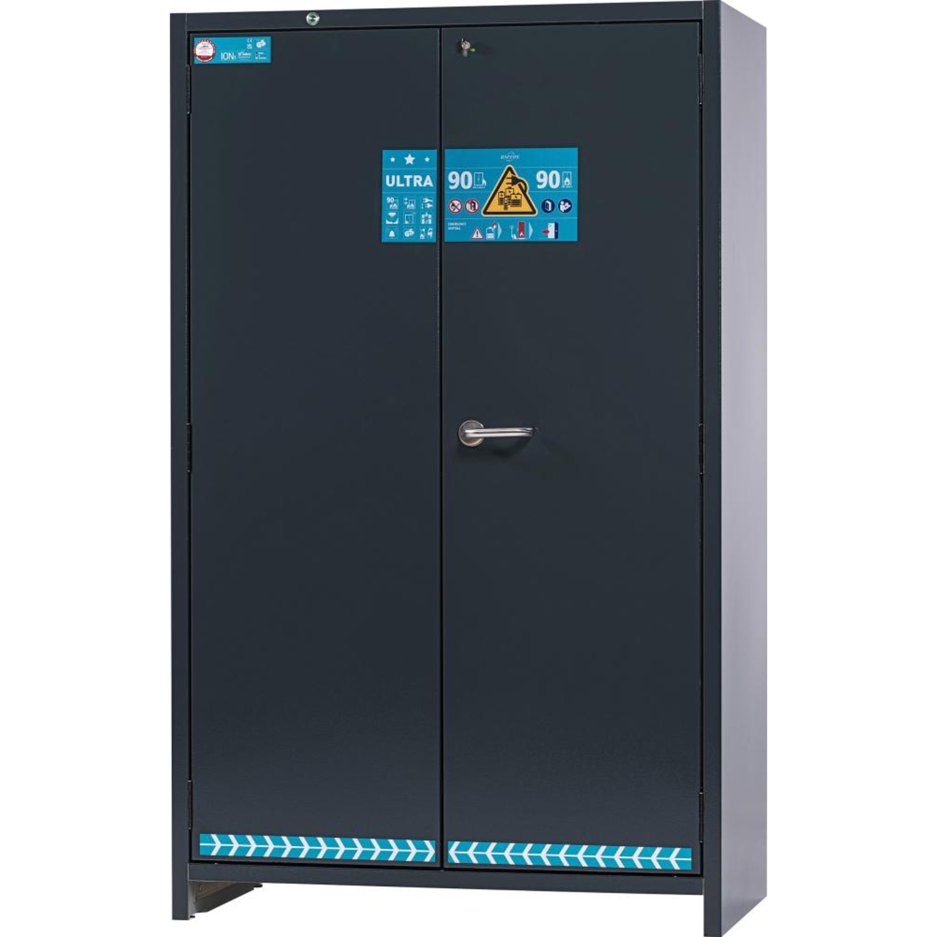 Sicherheitsschrank ION-ULTRA-90 RAL 7016 6x Steckdosenleiste 1x Bodenauffangwanne