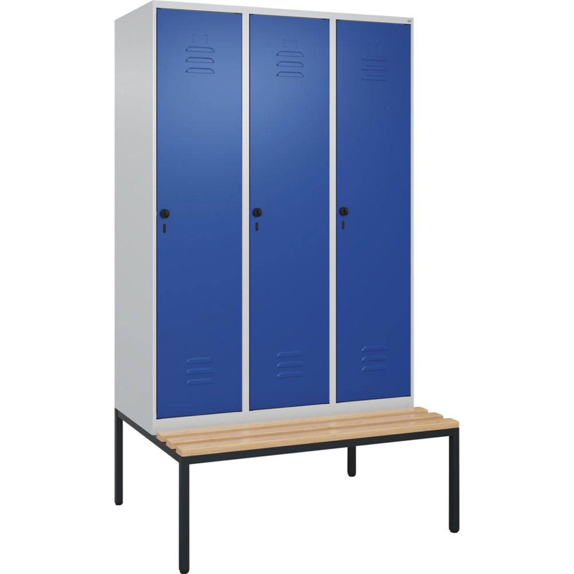Gard.-Schrank TW CLASSIC B1200xT500xH2120 mm RAL 7035/5010, 3 Abteile mit untergeb. Sitzbank