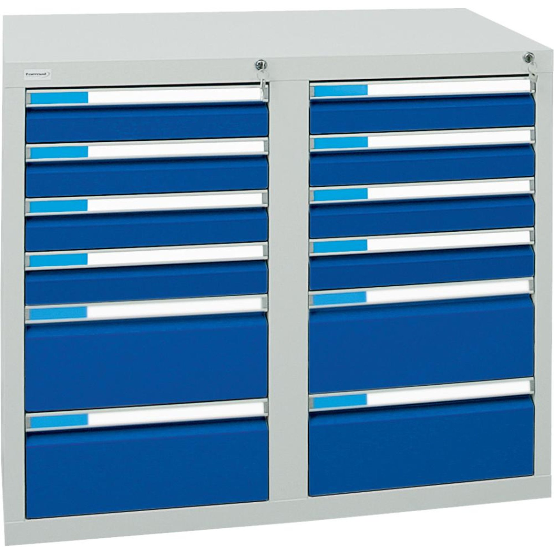 Format Schubladenschrank B500xT1000xH900mm RAL 7035/5010 12 Schubladen 75kg