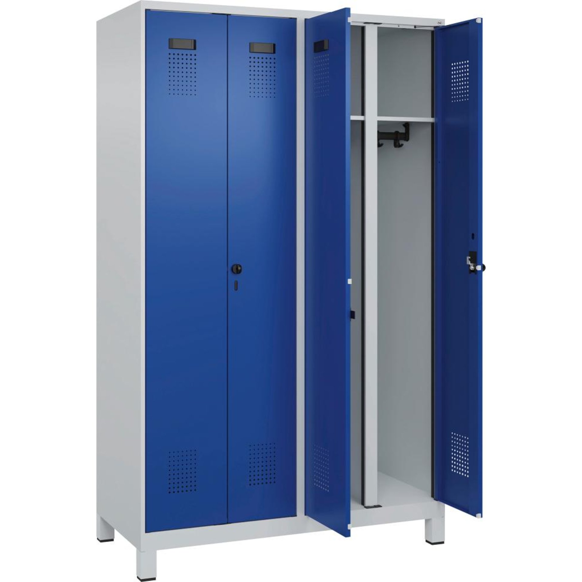 S/W-Gard.-Schrank EVOLO mit 100 mm hohen Füßen RAL 7035/5010, 4 Abteile B1200xT500xH1950mm