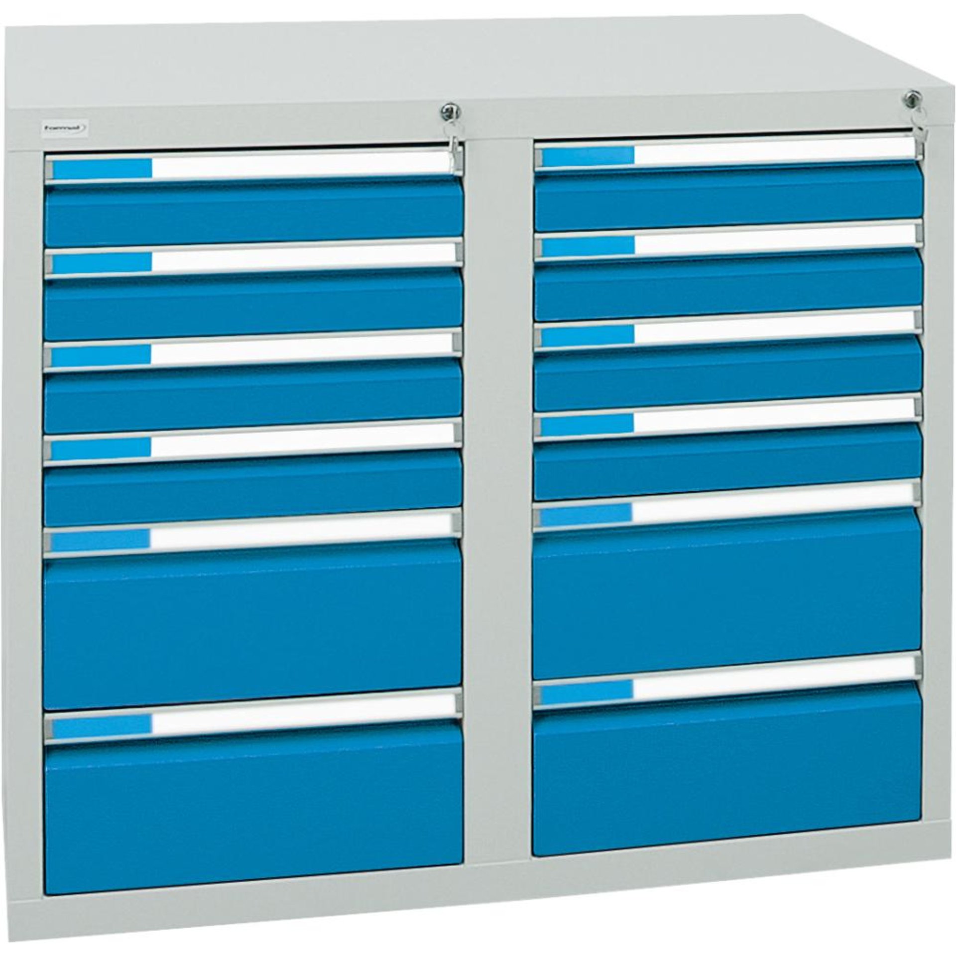 Format Schubladenschrank B500xT1000xH900mm RAL 7035/5012 12 Schubladen 75kg
