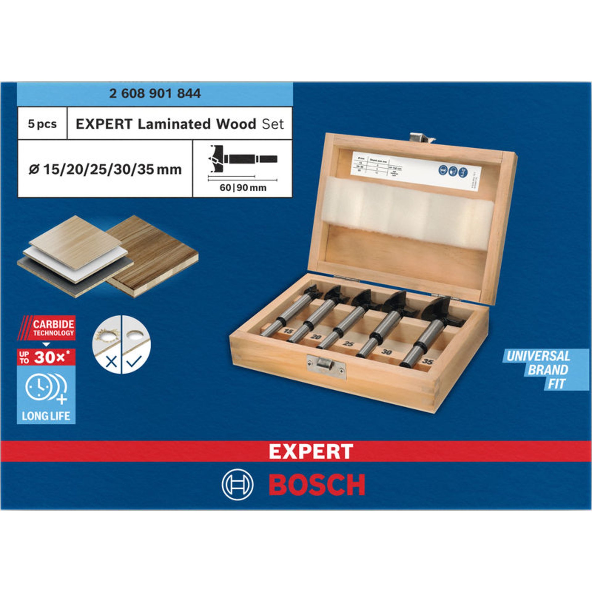 EXPERT Laminated Wood Scharnierlochbohrersatz, 15/20/25/30/35 x 60 x 90 mm, 5 St