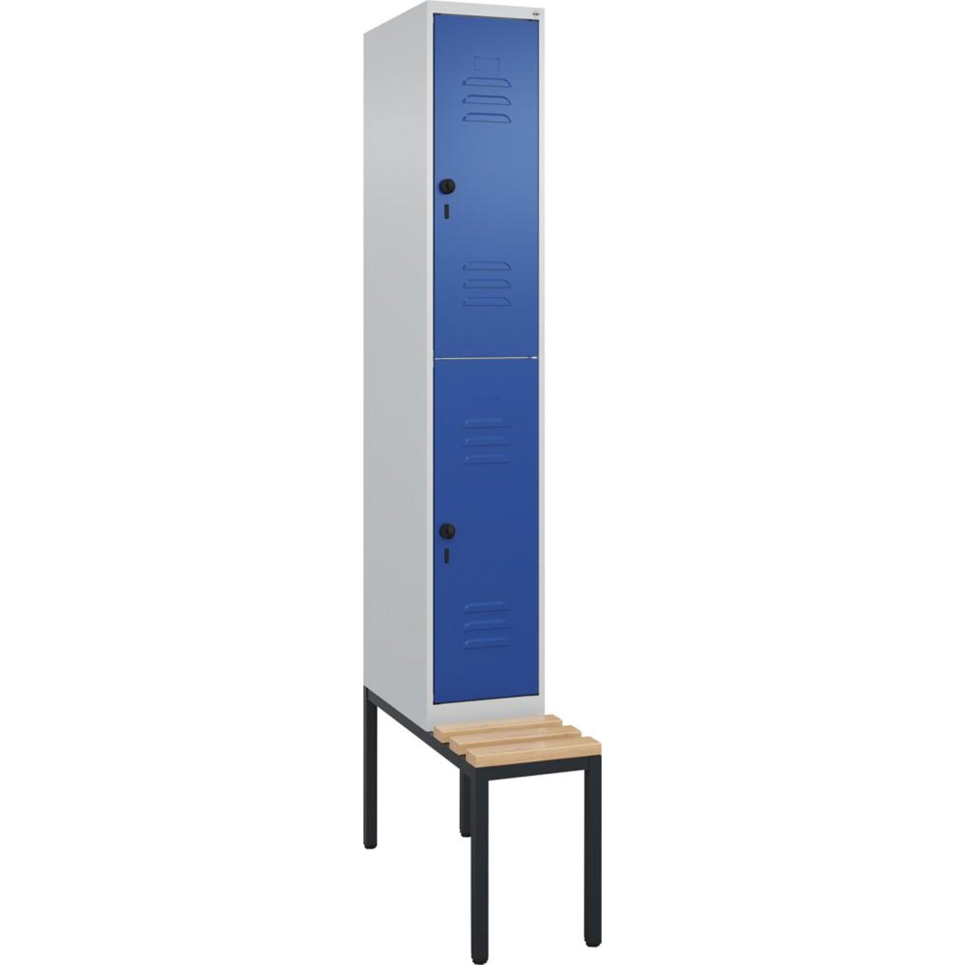 Doppelst. Schrank CLASSICB300xT500xH2120 mm RAL 7035/5010, 1x2Abteilemit untergeb. Sitzbank