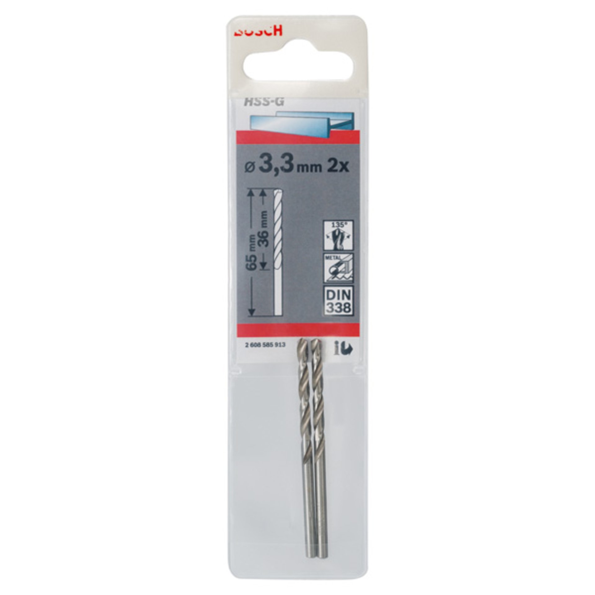 Metallbohrer HSS-G, DIN 338, 3,3 x 36 x 65 mm, 2er-Pack