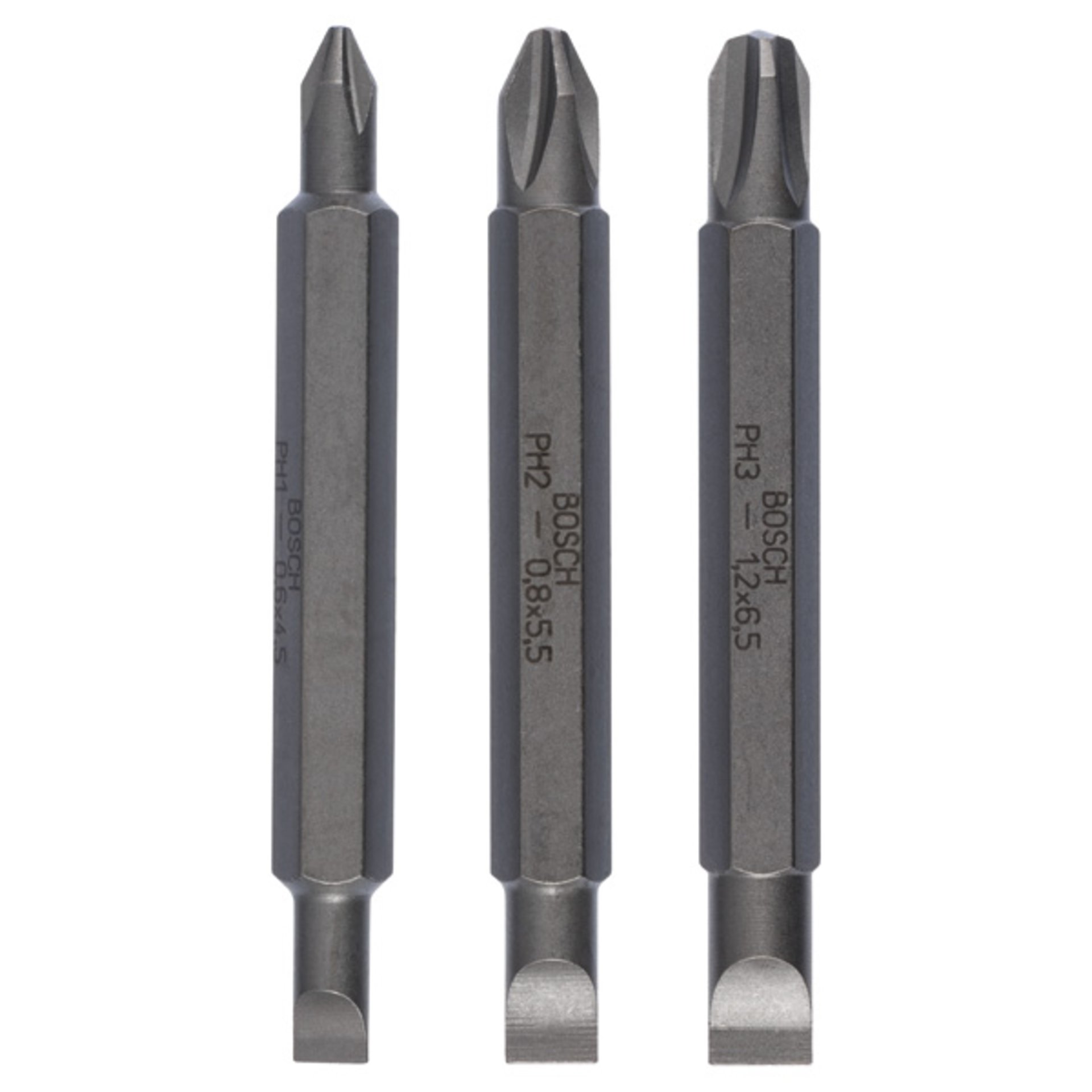 Doppelklingenbit-Set, 3-teilig, S0,6x4,5, PH1, S0,8x5,5, PH2, S1,2x6,5, PH3,60mm