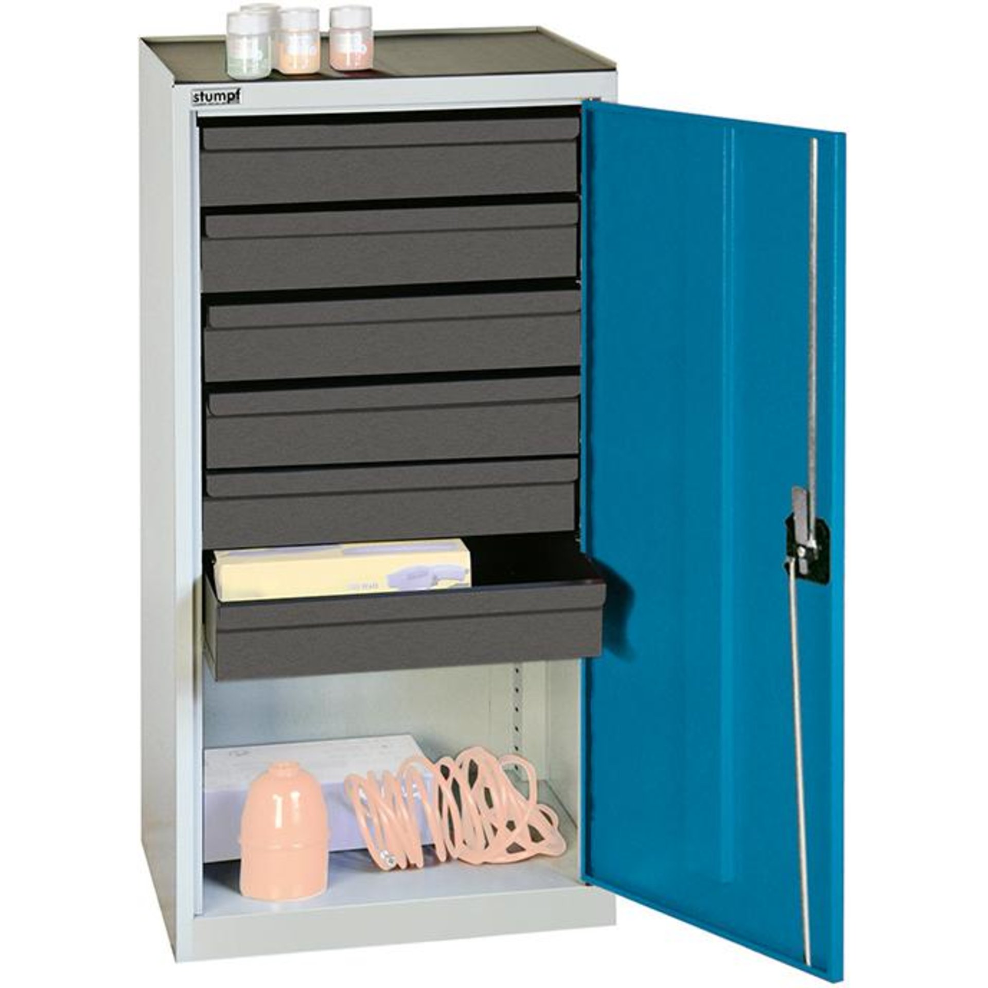 Beistellschrank B500xT500xH1000 mm RAL 7035/5012 6 Schubladen stumpf